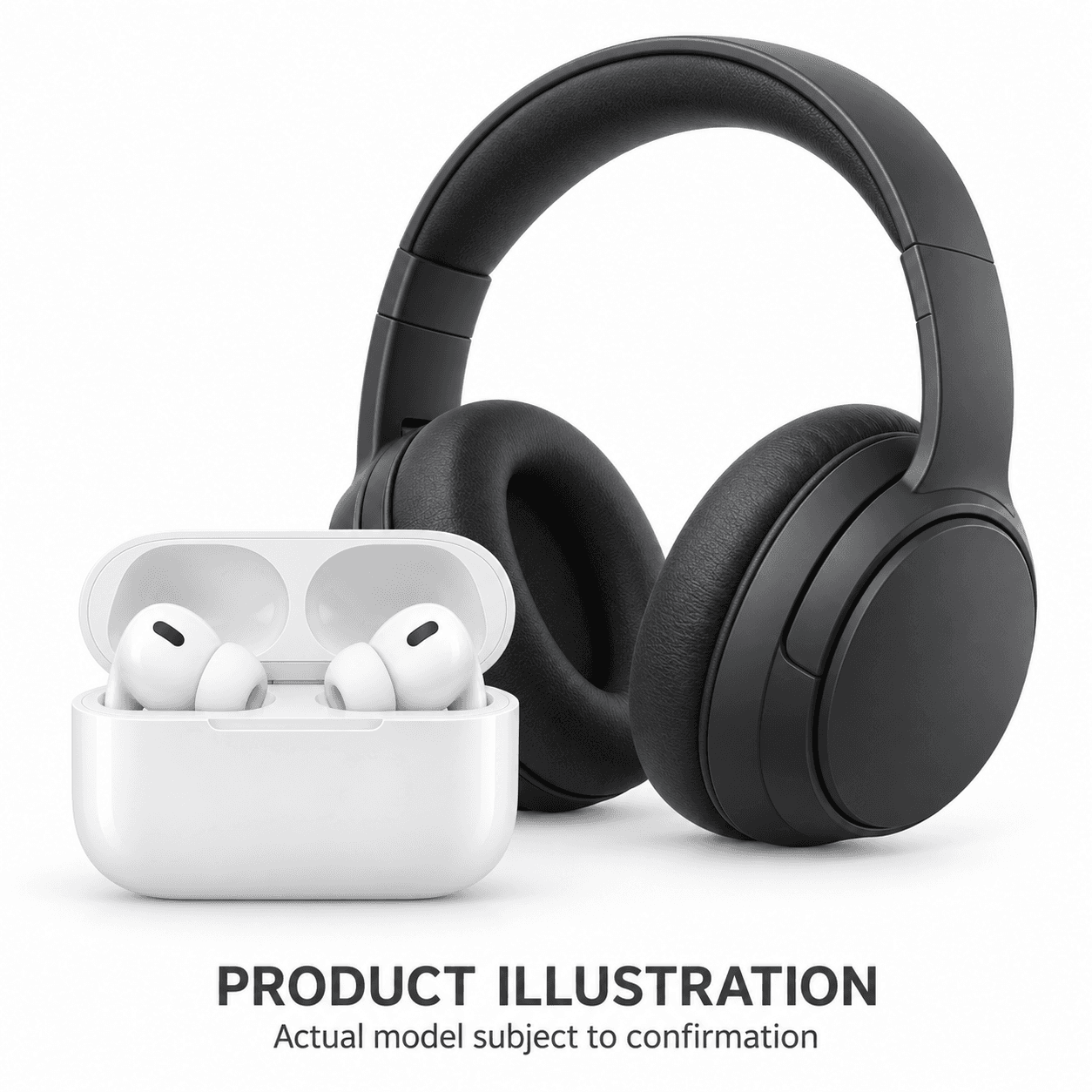 AI-generated Bluetooth earphones and headphones product illustration; actual model subject to sample confirmation