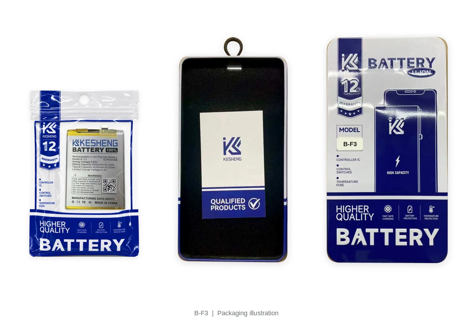 B-F3 battery pouch, tin, lid and insert card; packaging illustration, not third-party certification