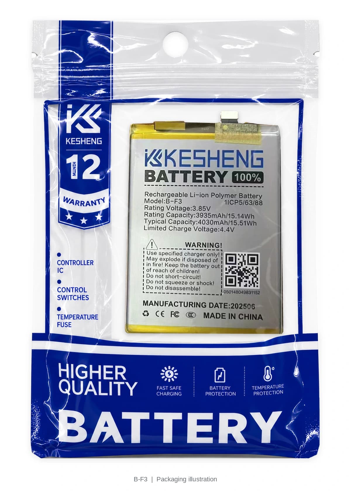 B-F3 battery in a transparent KESHENG pouch; packaging illustration