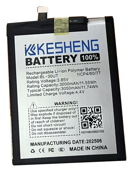 BL-30UT battery, source photograph with transparent background; original printed label, connector and tape retained.