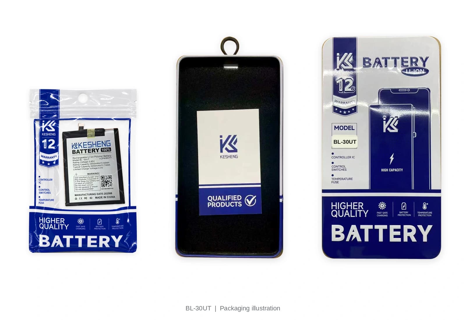 BL-30UT battery pouch, tin, lid and insert card; packaging illustration, not third-party certification