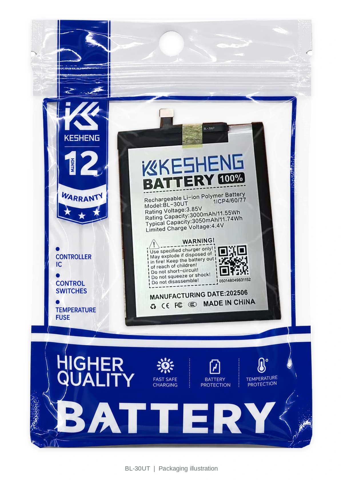 BL-30UT battery in a transparent KESHENG pouch; packaging illustration