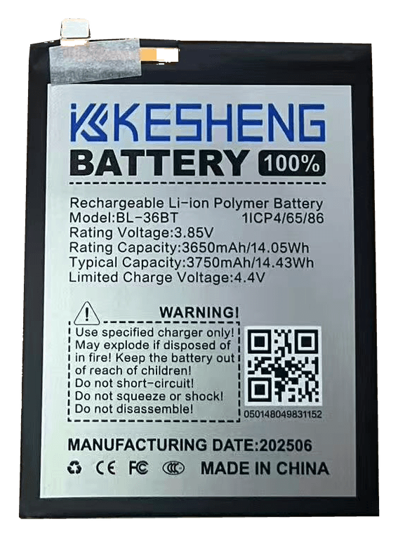 BL-36BT battery, source photograph with transparent background; original printed label, connector and tape retained.