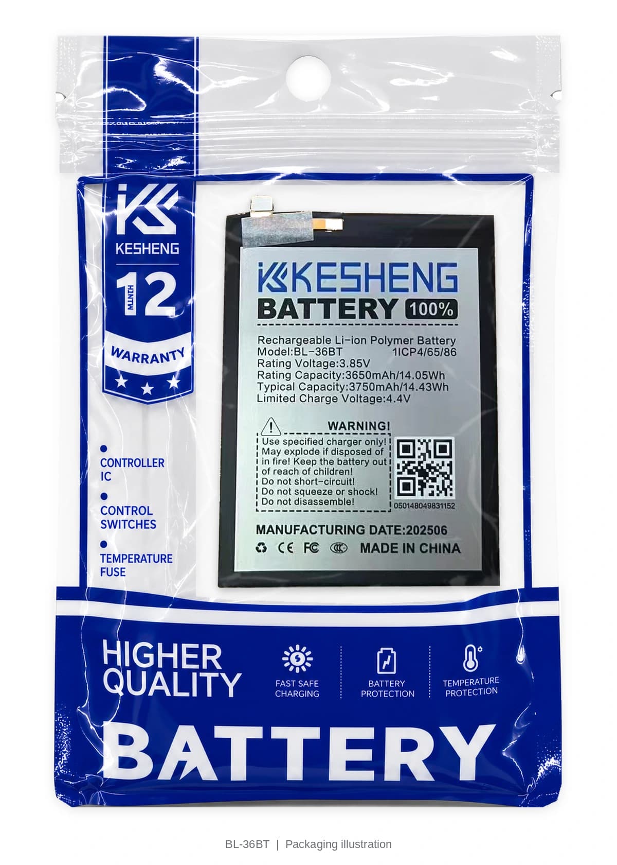 BL-36BT battery in a transparent KESHENG pouch; packaging illustration