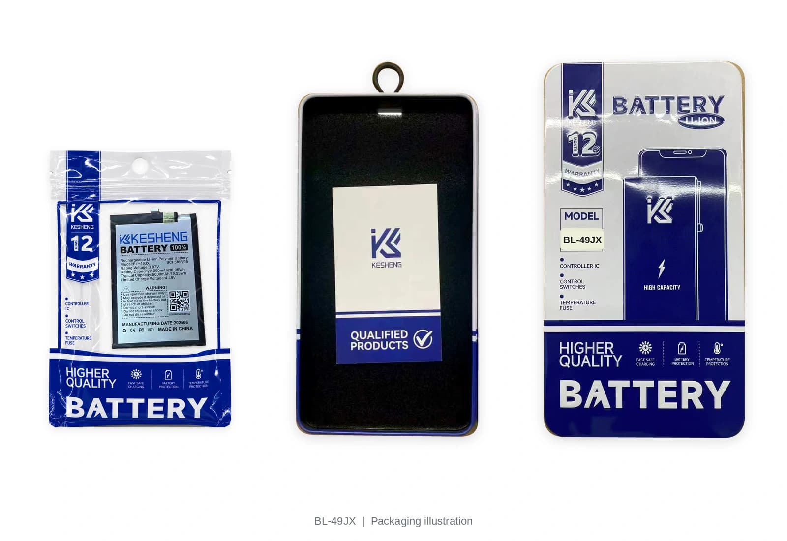 BL-49JX battery pouch, tin, lid and insert card; packaging illustration, not third-party certification