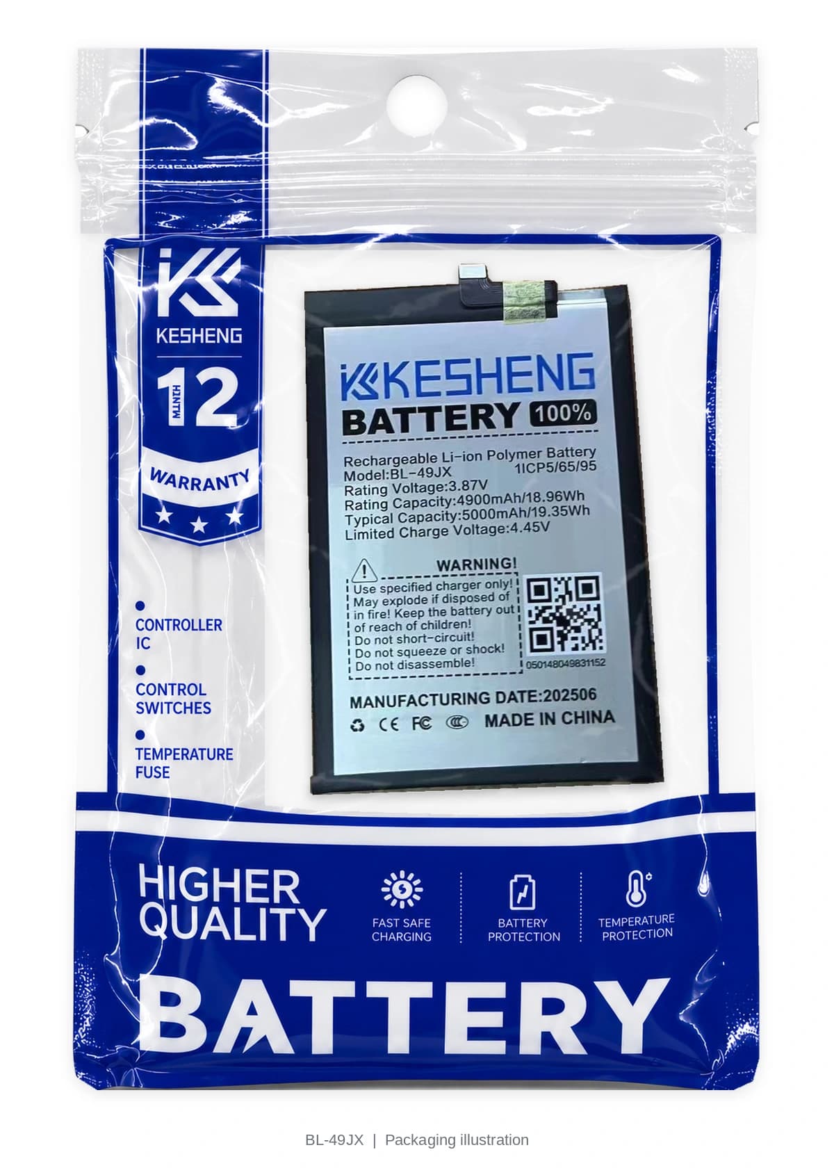 BL-49JX battery in a transparent KESHENG pouch; packaging illustration