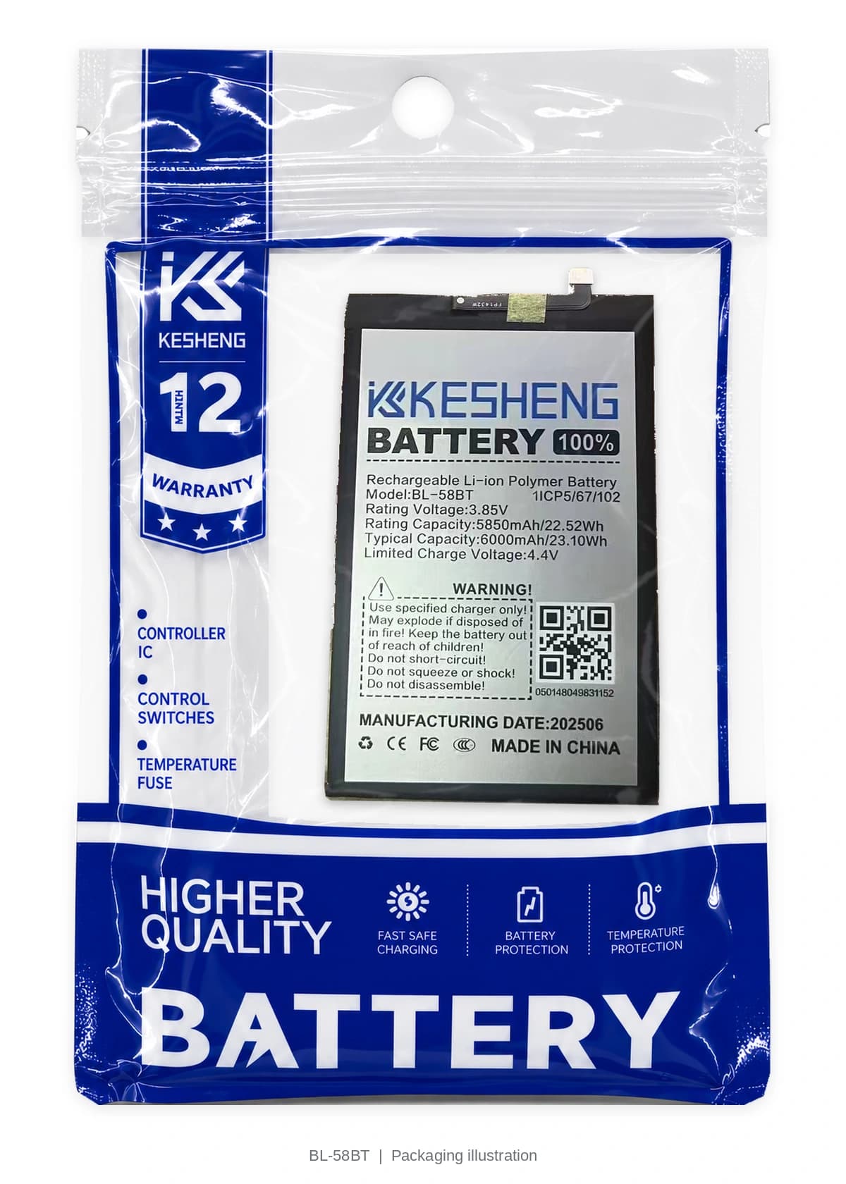 BL-58BT battery in a transparent KESHENG pouch; packaging illustration