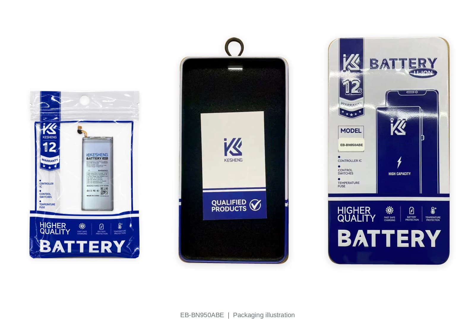 EB-BN950ABE battery pouch, tin, lid and insert card; packaging illustration, not third-party certification