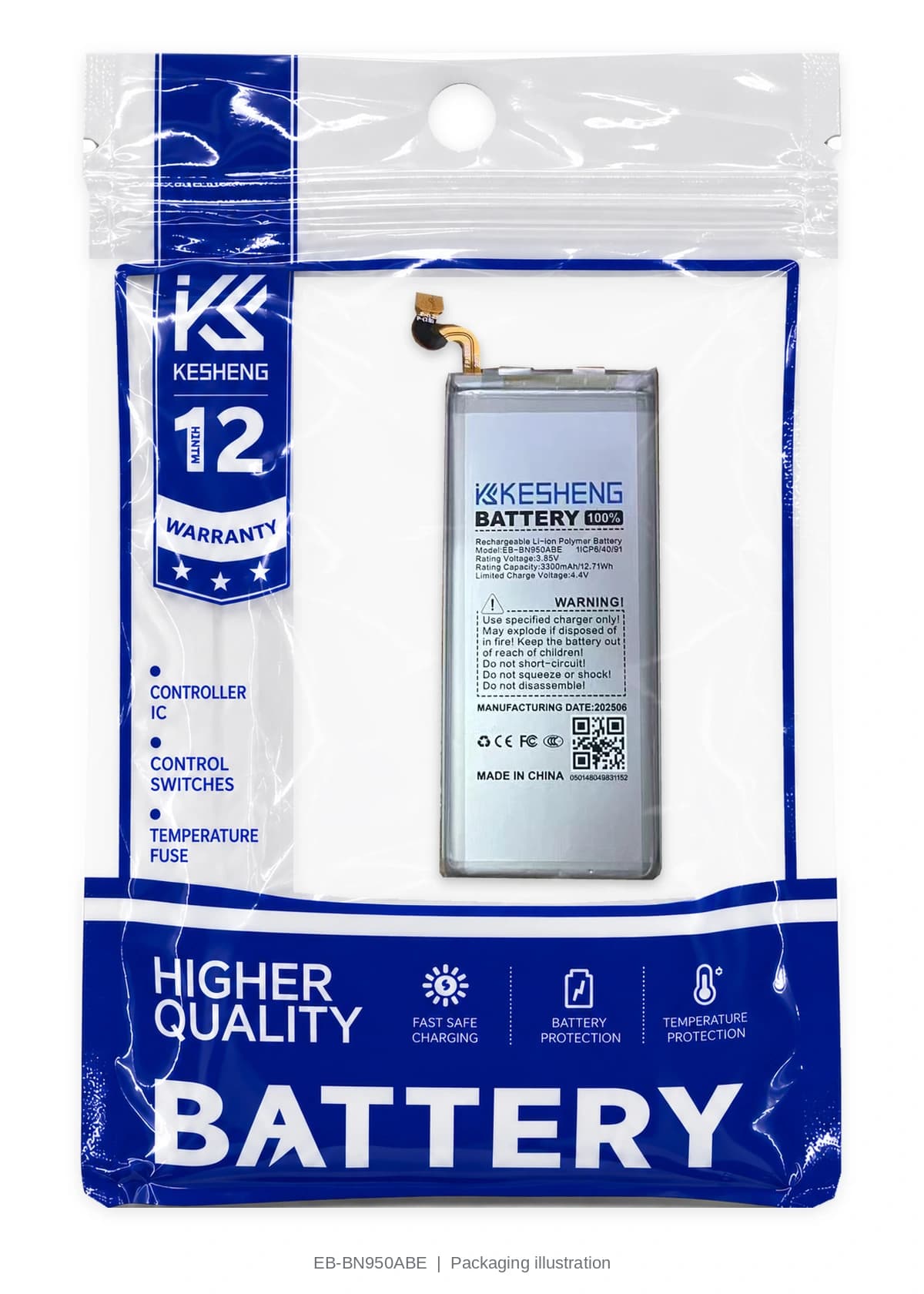 EB-BN950ABE battery in a transparent KESHENG pouch; packaging illustration