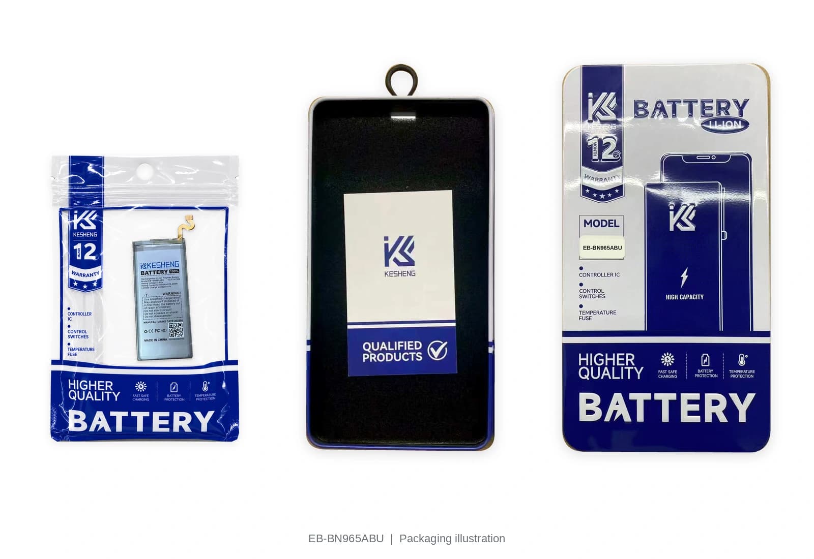EB-BN965ABU battery pouch, tin, lid and insert card; packaging illustration, not third-party certification