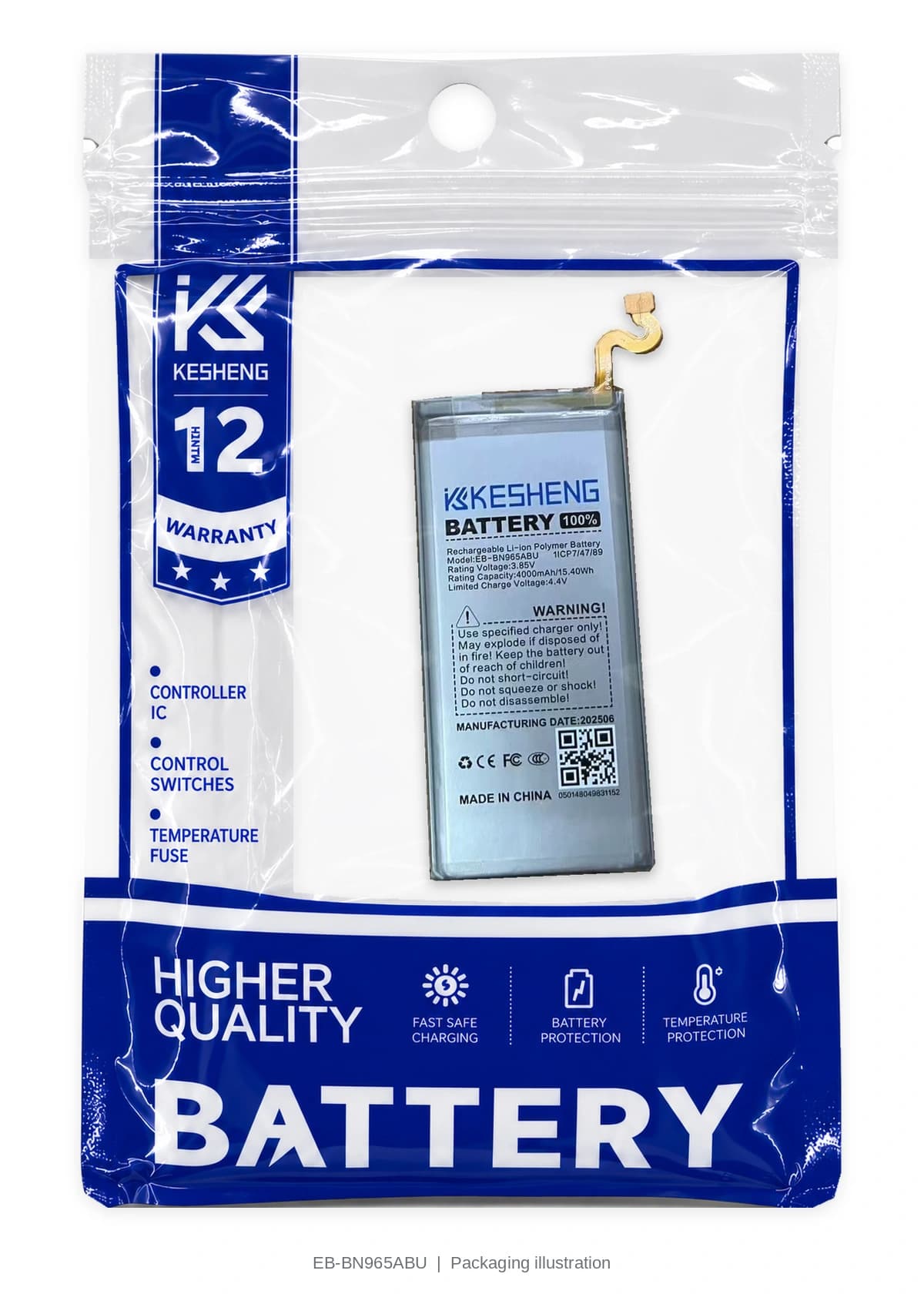 EB-BN965ABU battery in a transparent KESHENG pouch; packaging illustration