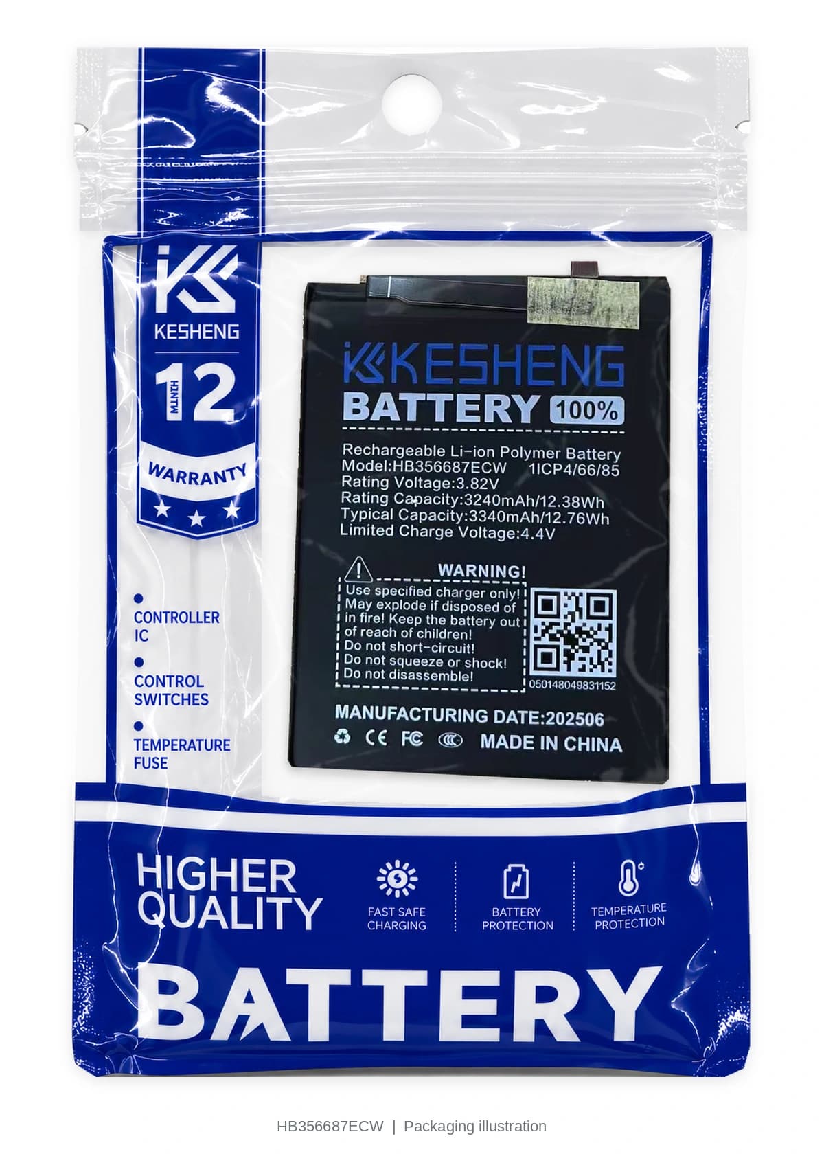 HB356687ECW battery in a transparent KESHENG pouch; packaging illustration