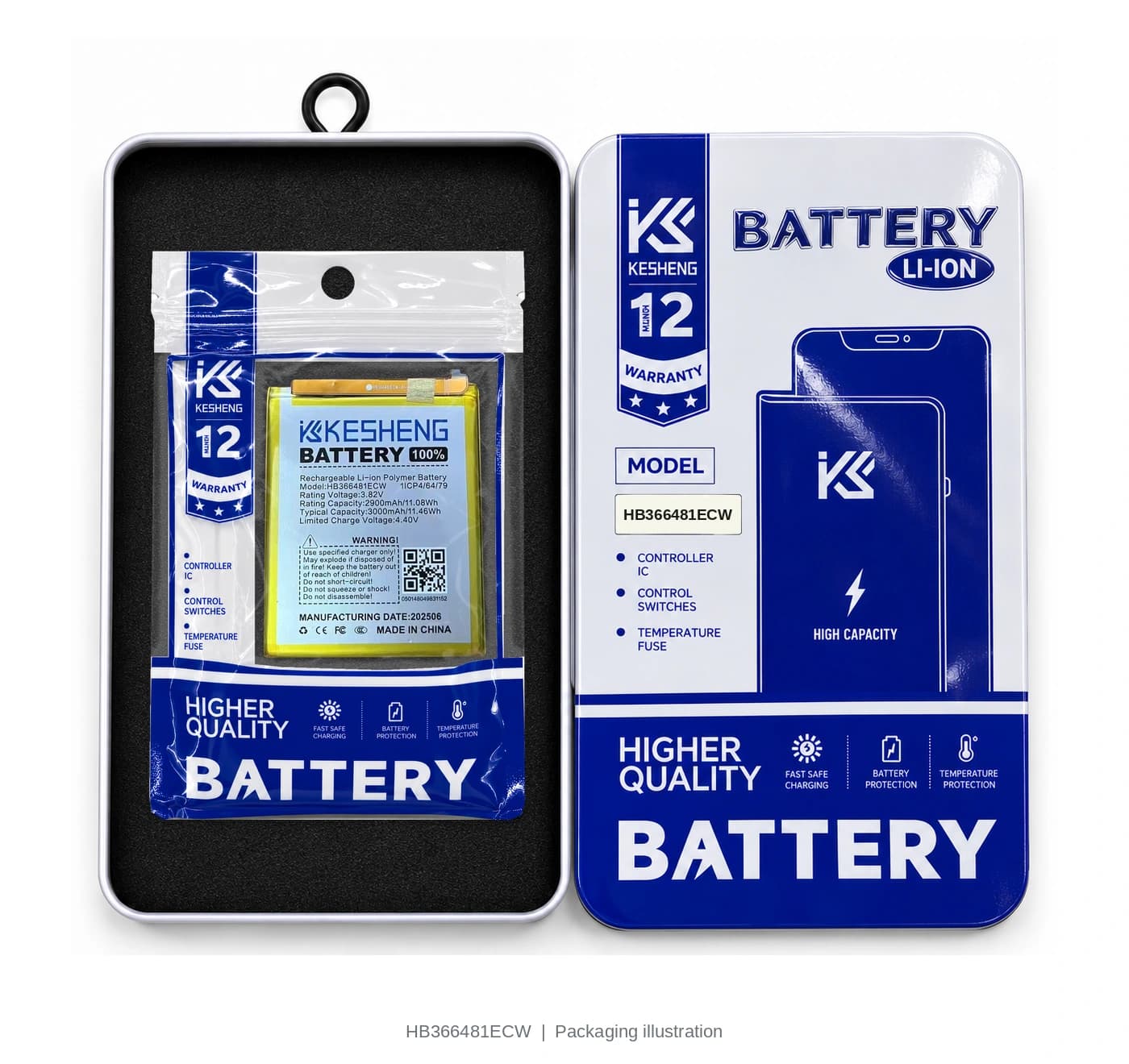HB366481ECW battery in an open KESHENG package beside its lid; packaging illustration