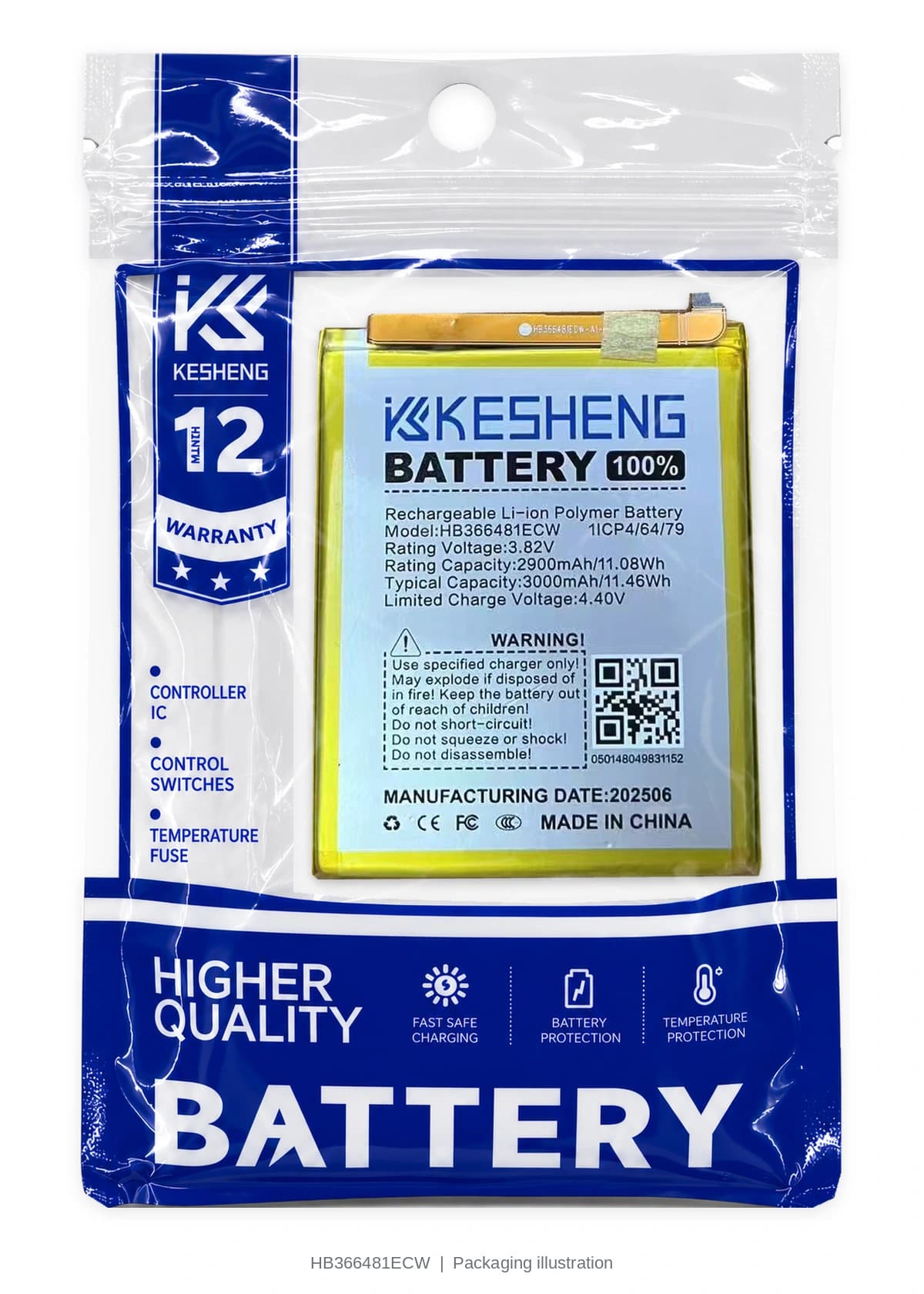 HB366481ECW battery in a transparent KESHENG pouch; packaging illustration