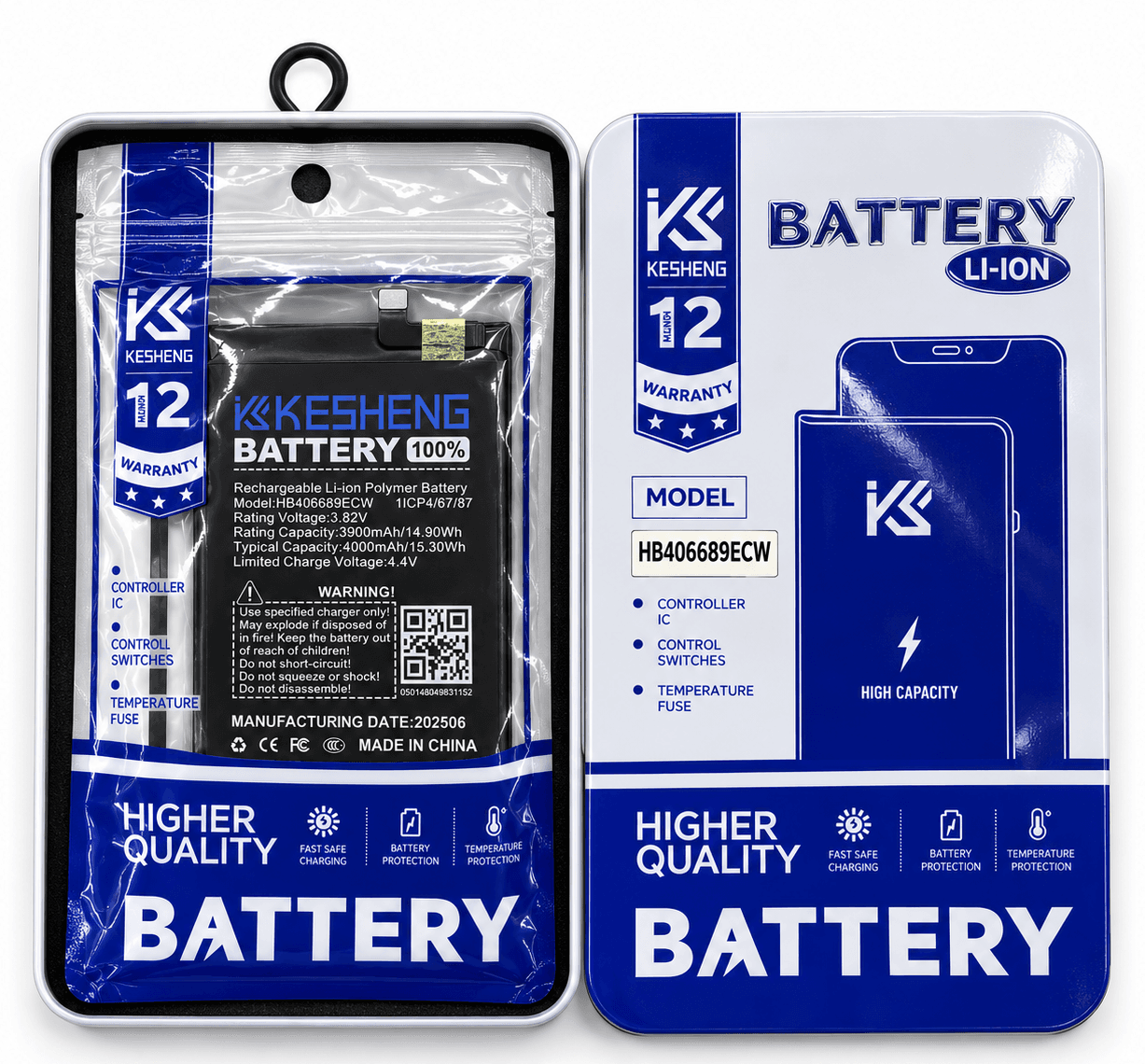 HB406689ECW open tin and lid concept with battery in pouch; packaging illustration