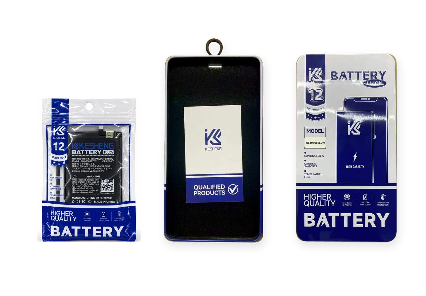 HB406689ECW packaging illustration: battery in pouch, tin and insert card, printed lid. The insert card is not third-party certification.