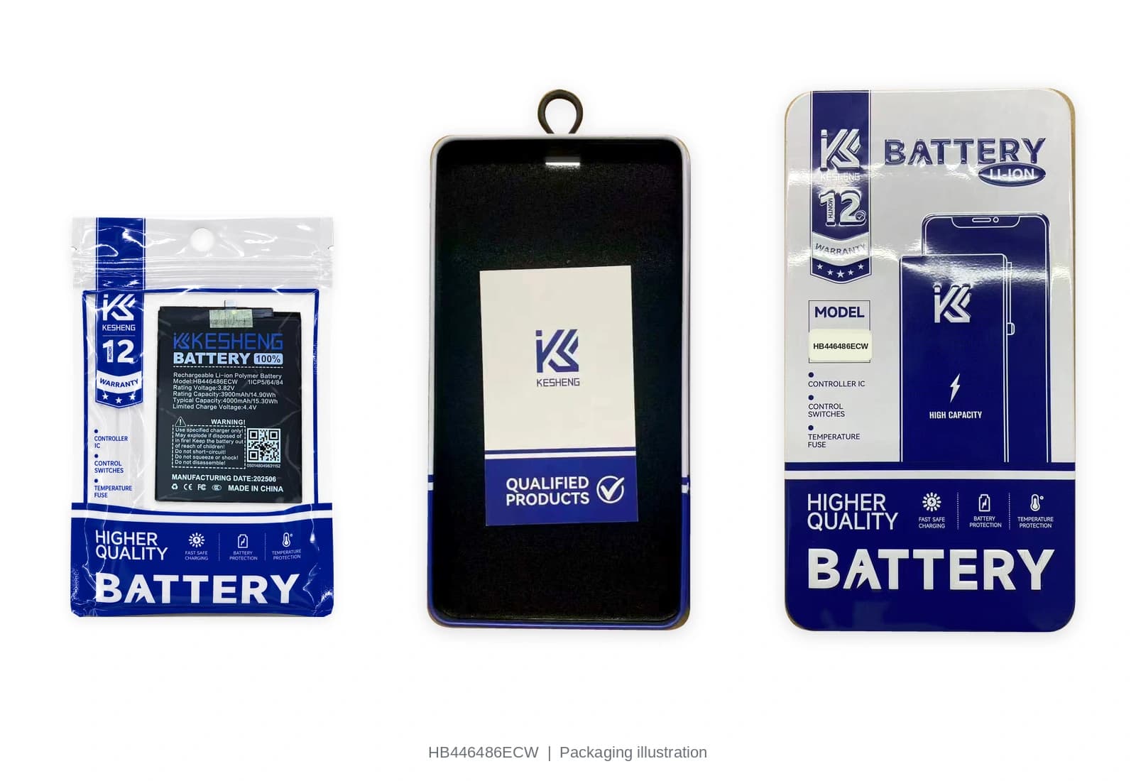 HB446486ECW battery pouch, tin, lid and insert card; packaging illustration, not third-party certification