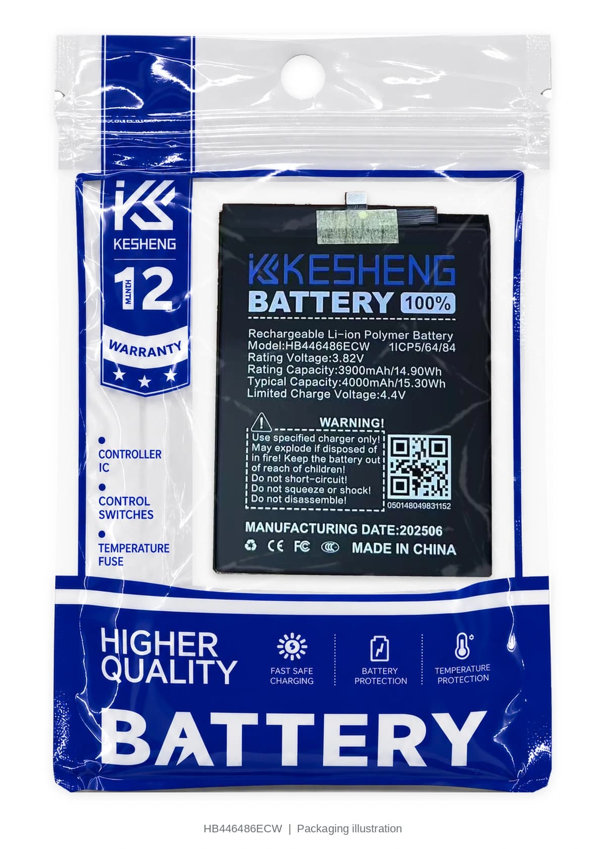 HB446486ECW battery in a transparent KESHENG pouch; packaging illustration