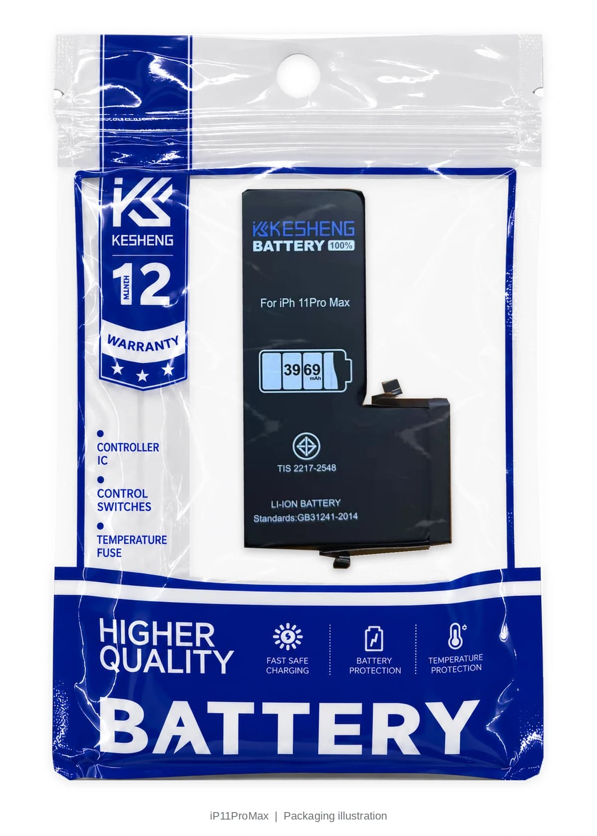 iP11ProMax battery in a transparent KESHENG pouch; packaging illustration