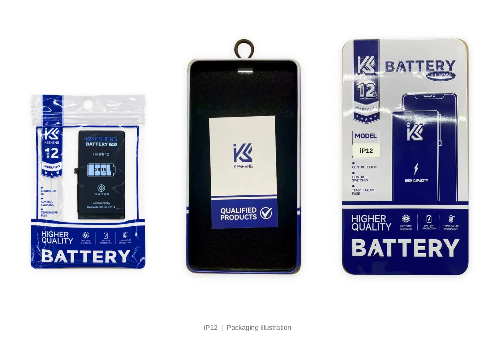 iP12 battery pouch, tin, lid and insert card; packaging illustration, not third-party certification
