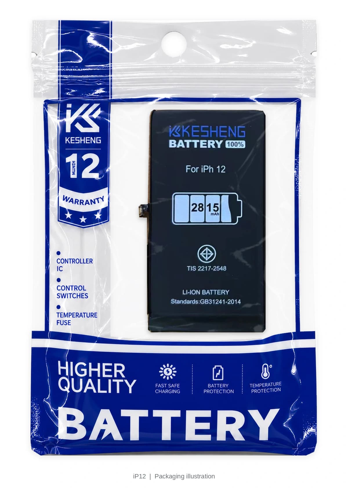 iP12 battery in a transparent KESHENG pouch; packaging illustration