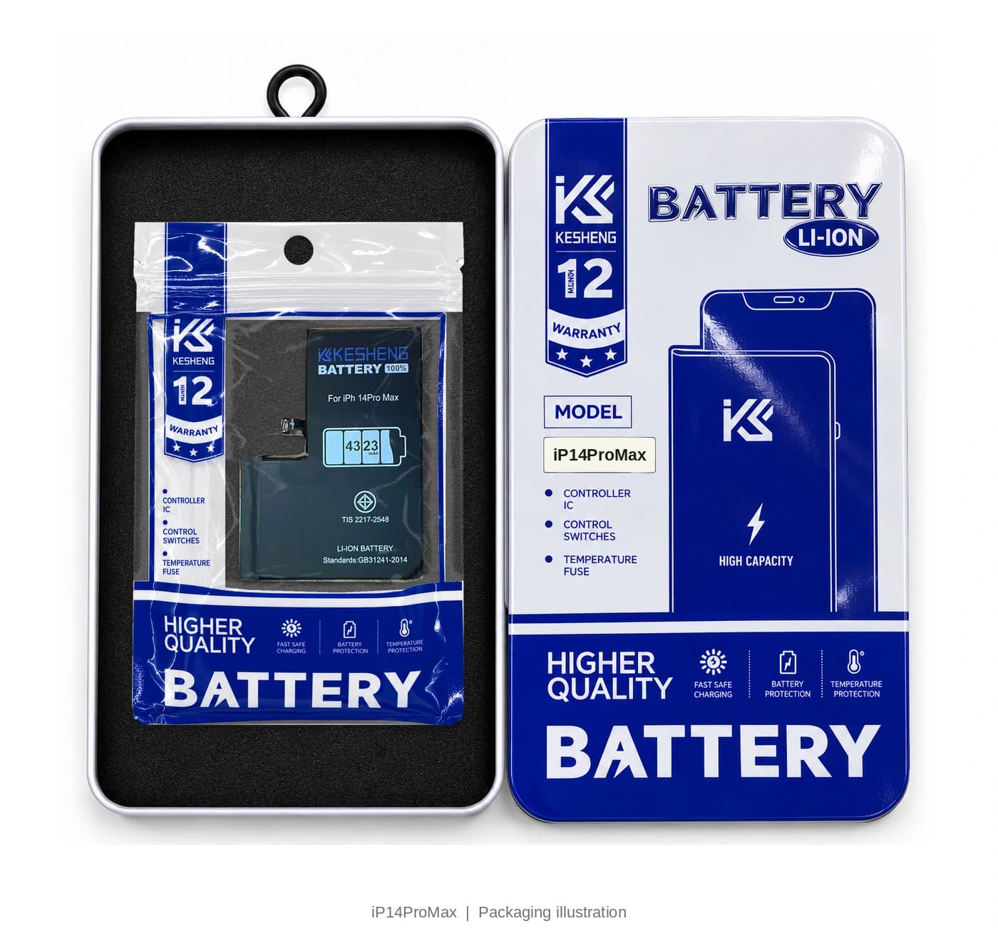 iP14ProMax battery in an open KESHENG package beside its lid; packaging illustration