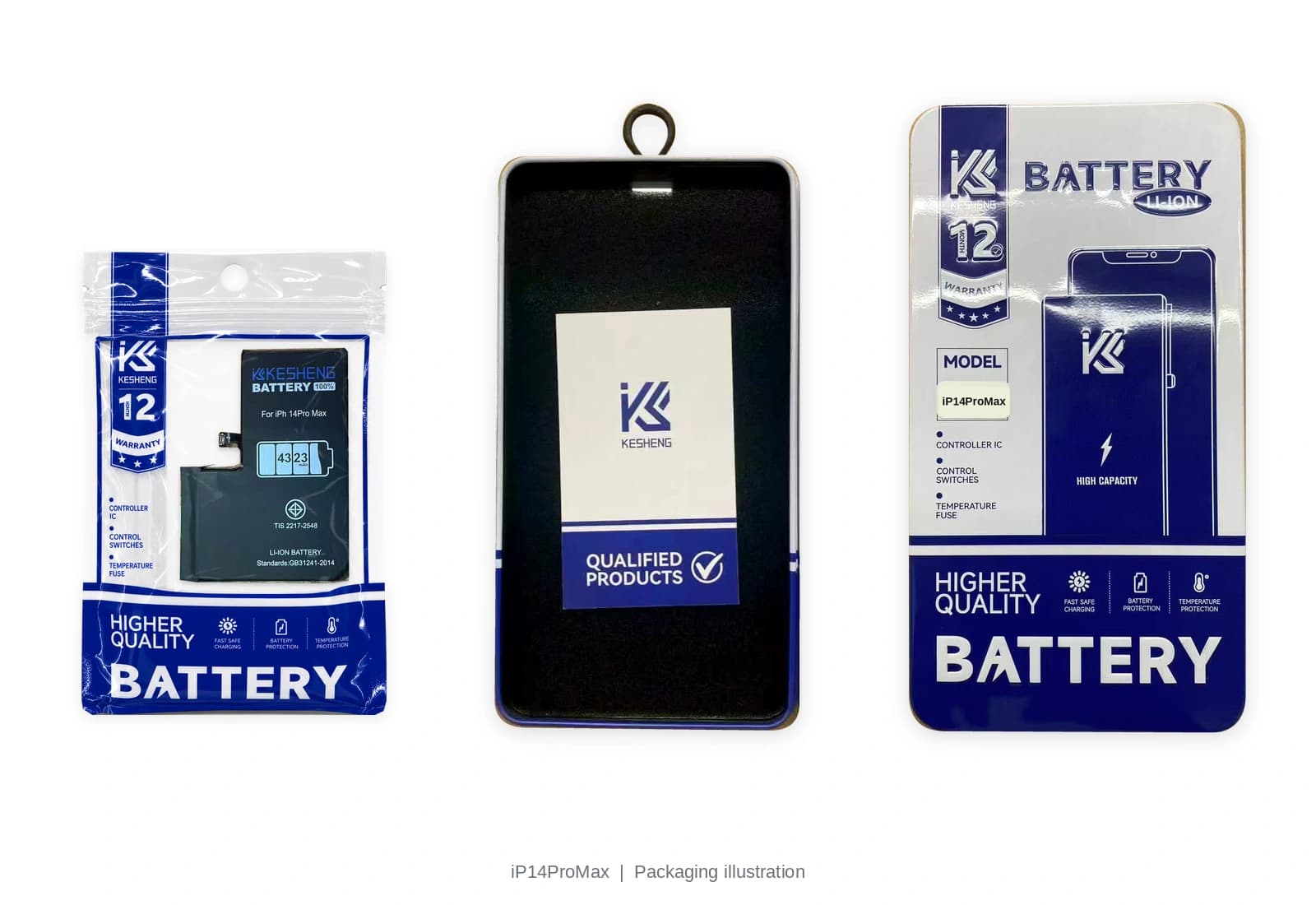 iP14ProMax battery pouch, tin, lid and insert card; packaging illustration, not third-party certification