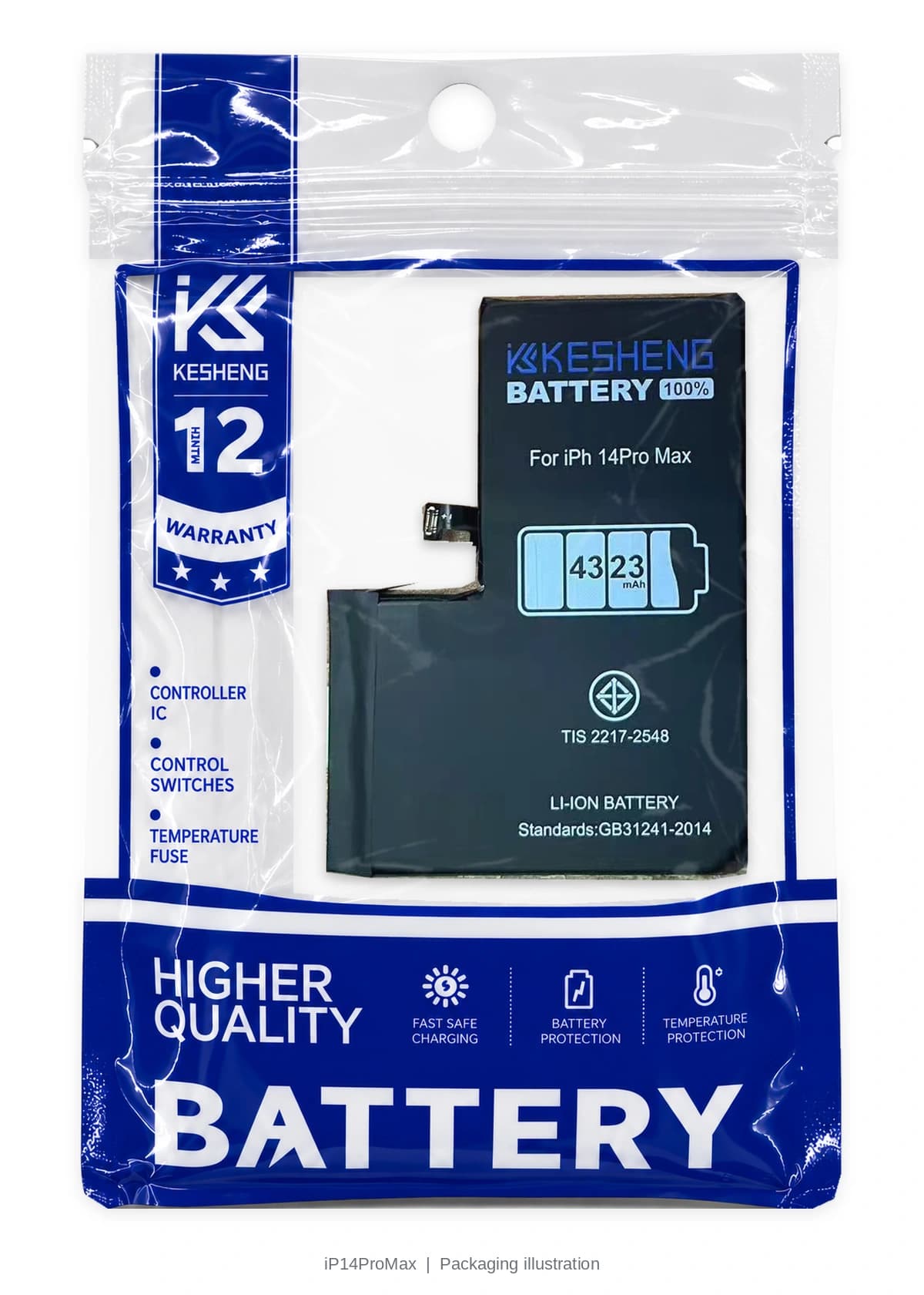 iP14ProMax battery in a transparent KESHENG pouch; packaging illustration
