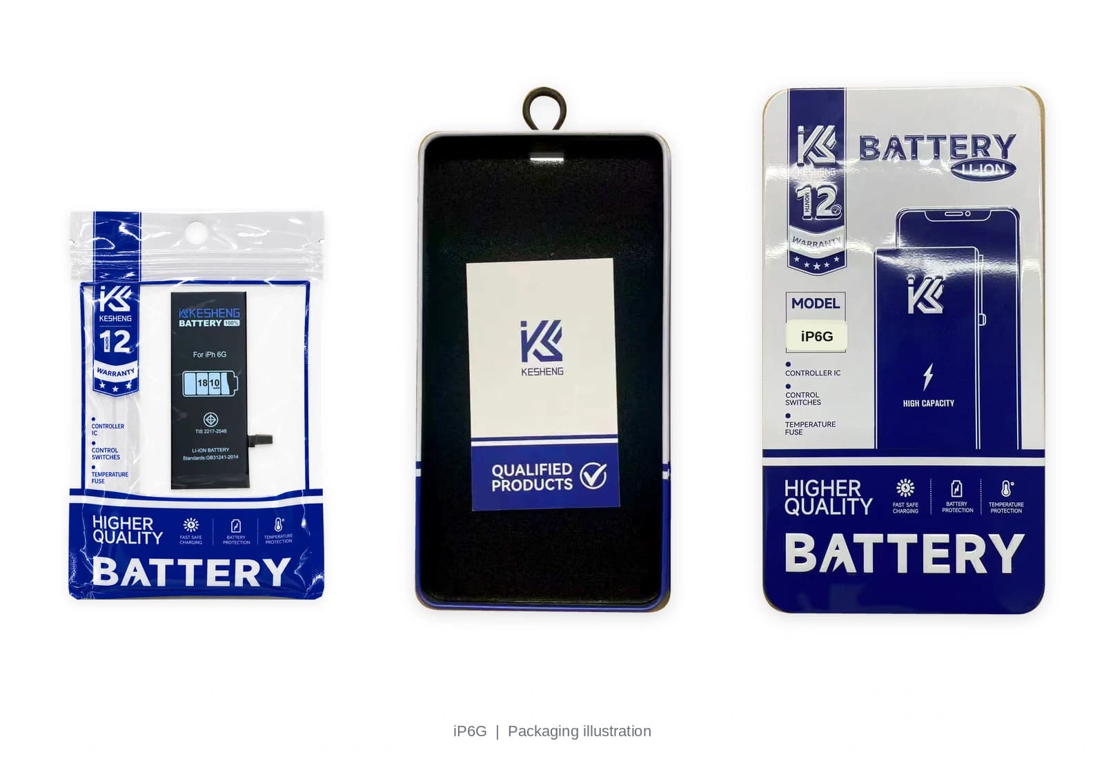 iP6G battery pouch, tin, lid and insert card; packaging illustration, not third-party certification