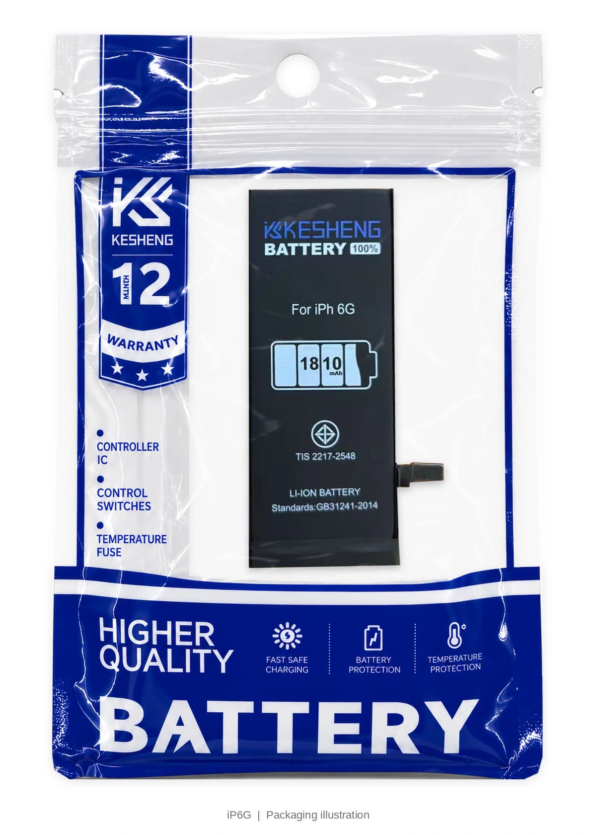 iP6G battery in a transparent KESHENG pouch; packaging illustration