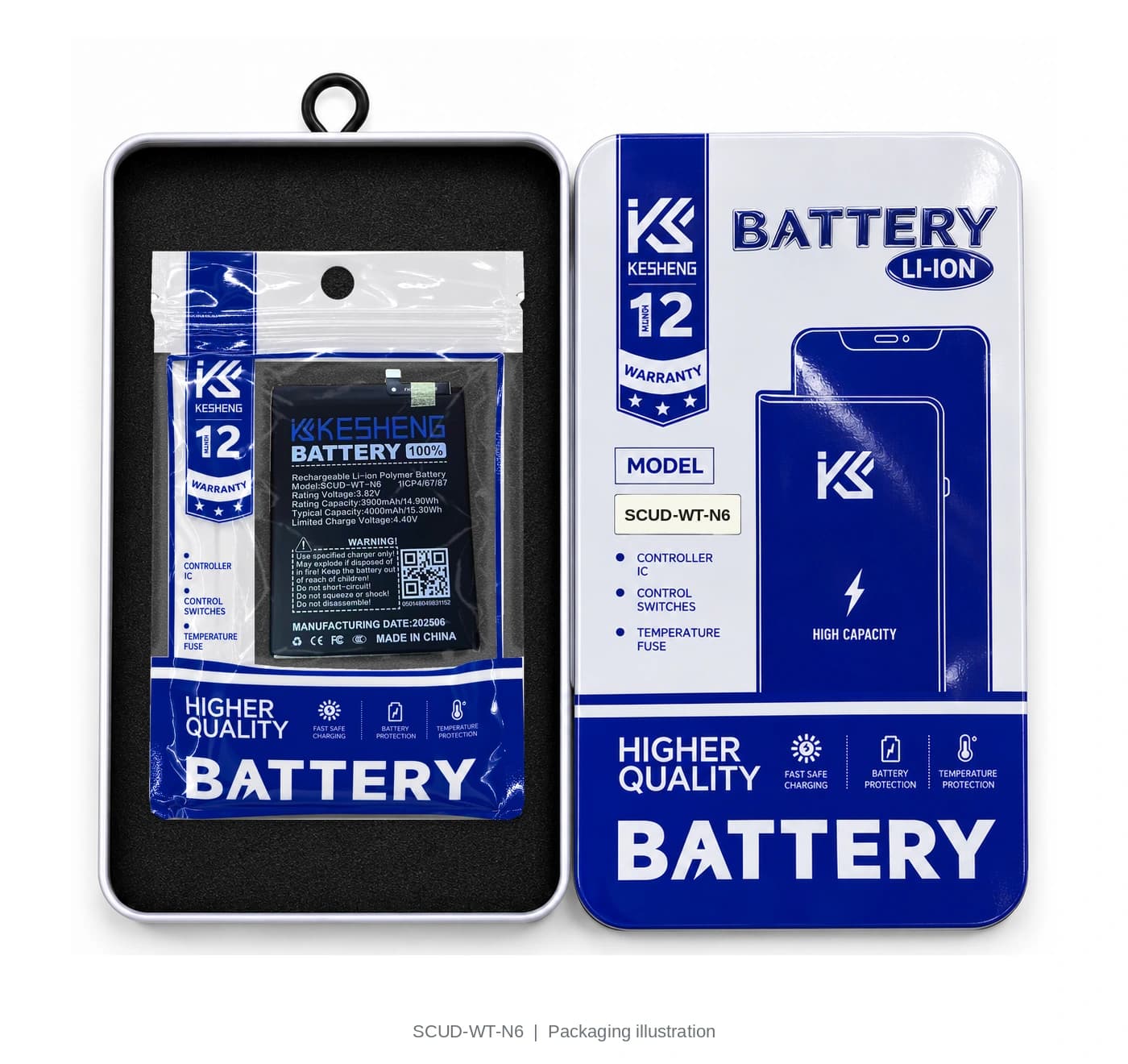 SCUD-WT-N6 battery in an open KESHENG package beside its lid; packaging illustration