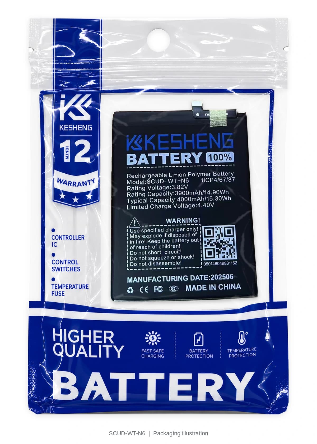 SCUD-WT-N6 battery in a transparent KESHENG pouch; packaging illustration