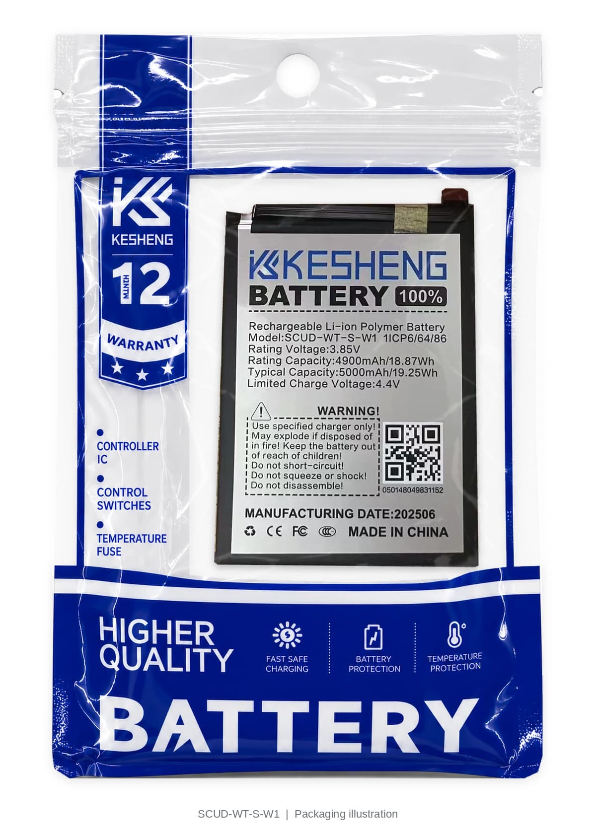 SCUD-WT-S-W1 battery in a transparent KESHENG pouch; packaging illustration