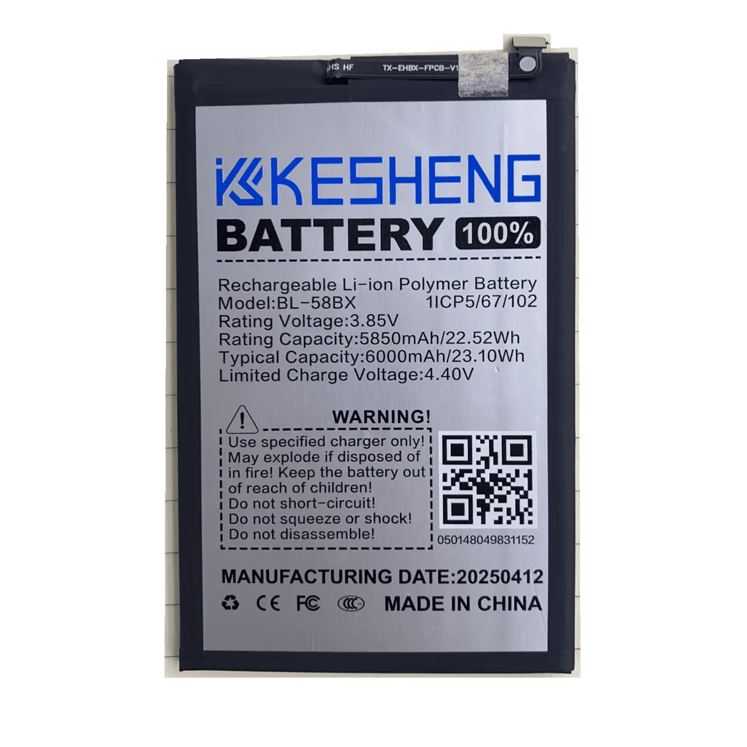 KESHENG BL-58BX replacement battery reference photograph; background cleaned