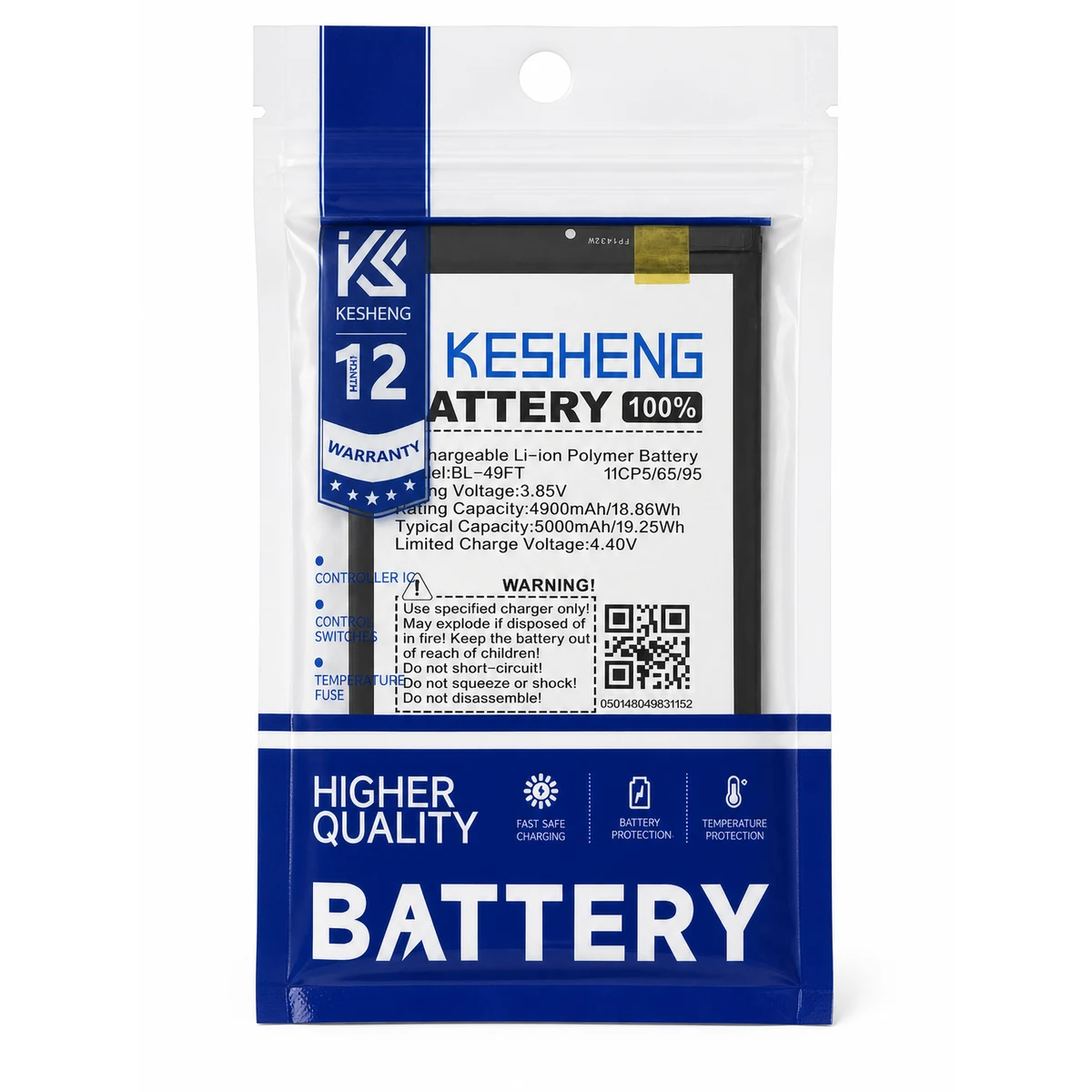 BL-49FT replacement battery in clear protective pouch with specifications visible