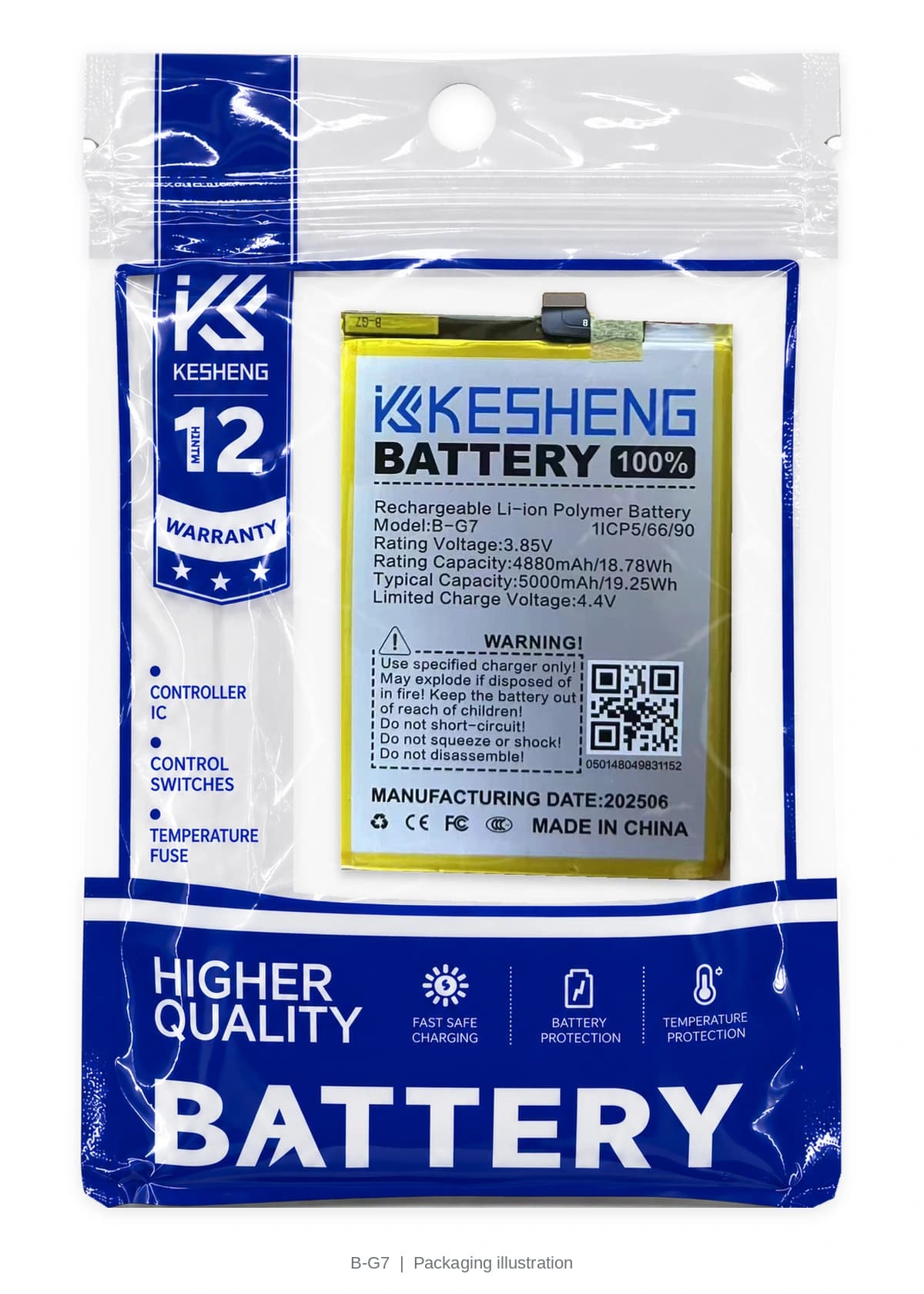 B-G7 battery in a transparent KESHENG pouch; packaging illustration