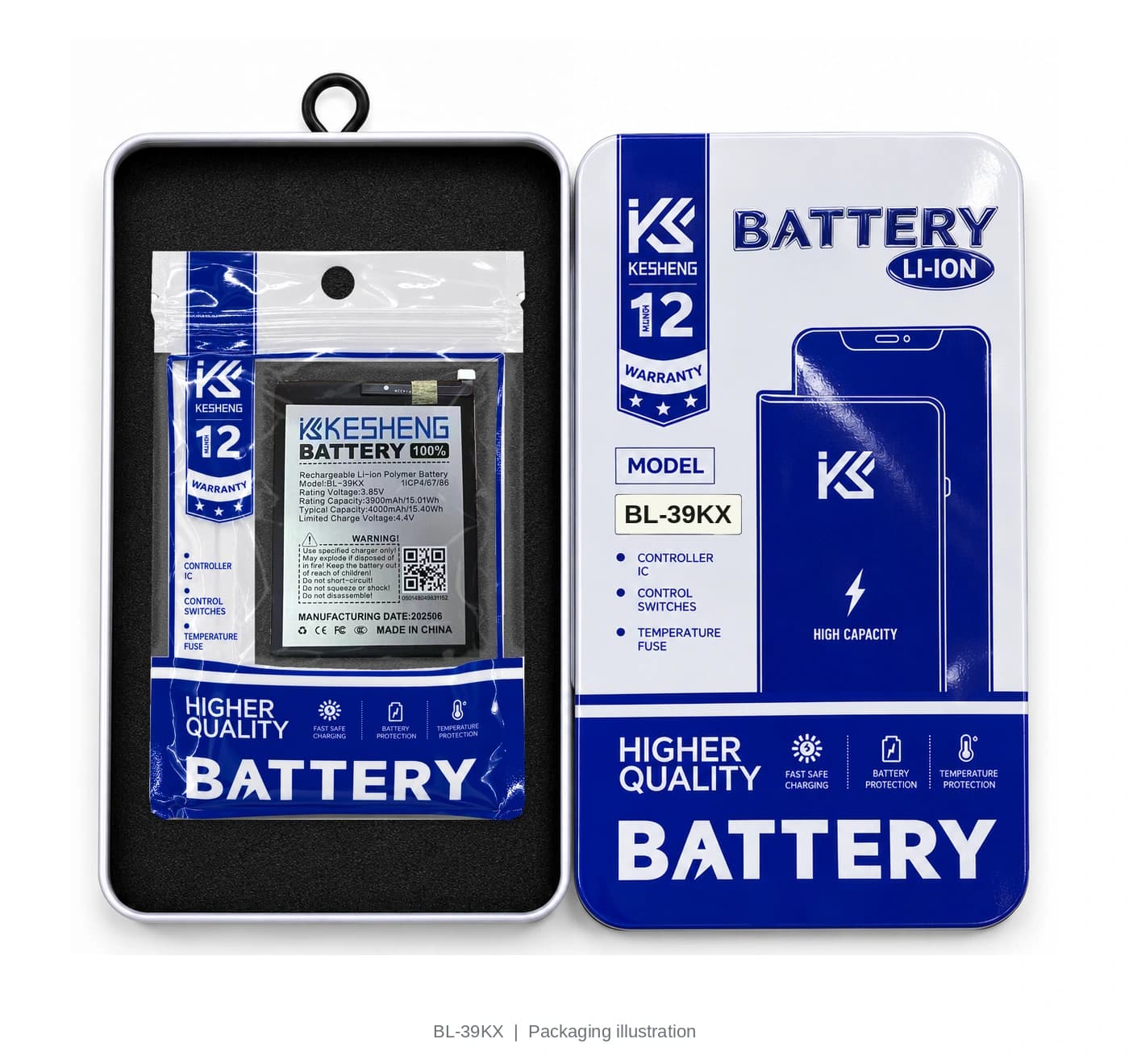 BL-39KX battery in an open KESHENG package beside its lid; packaging illustration