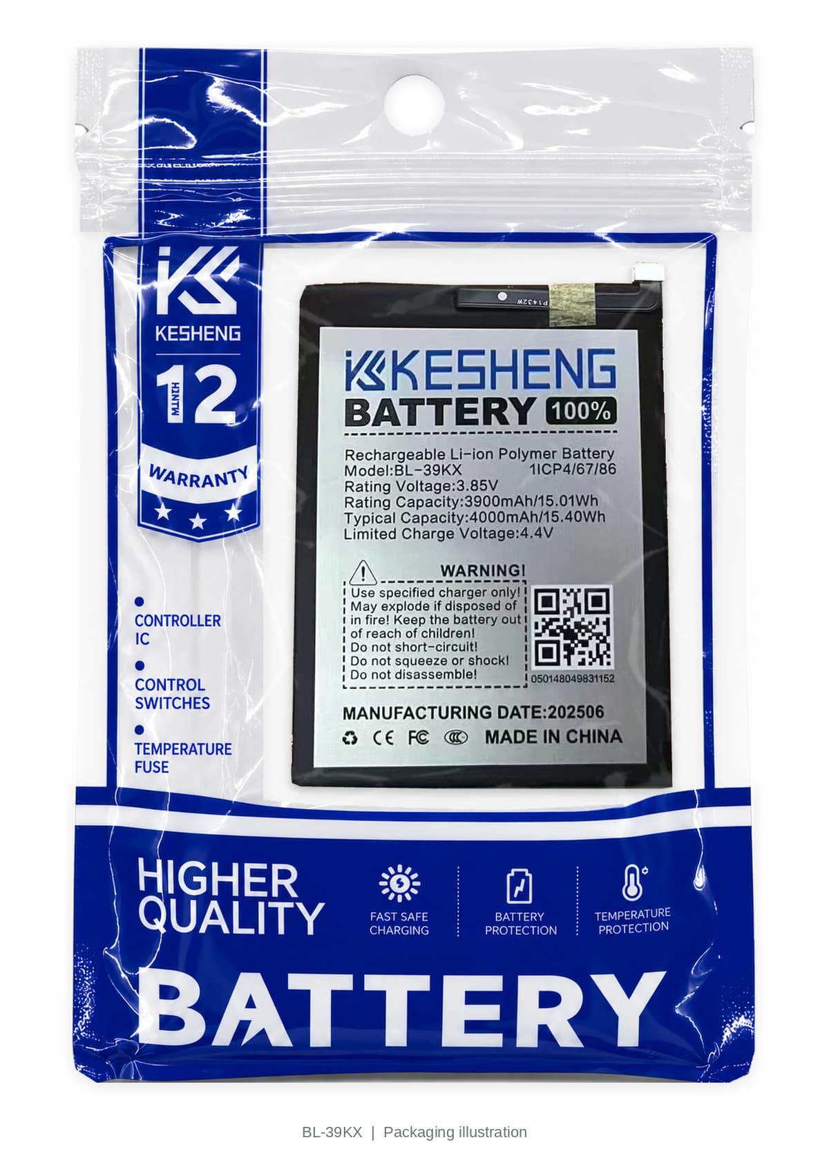 BL-39KX battery in a transparent KESHENG pouch; packaging illustration