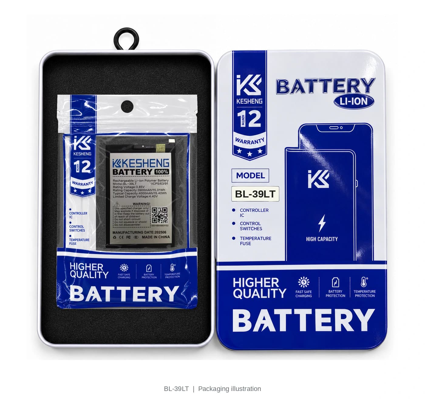 BL-39LT battery in an open KESHENG package beside its lid; packaging illustration