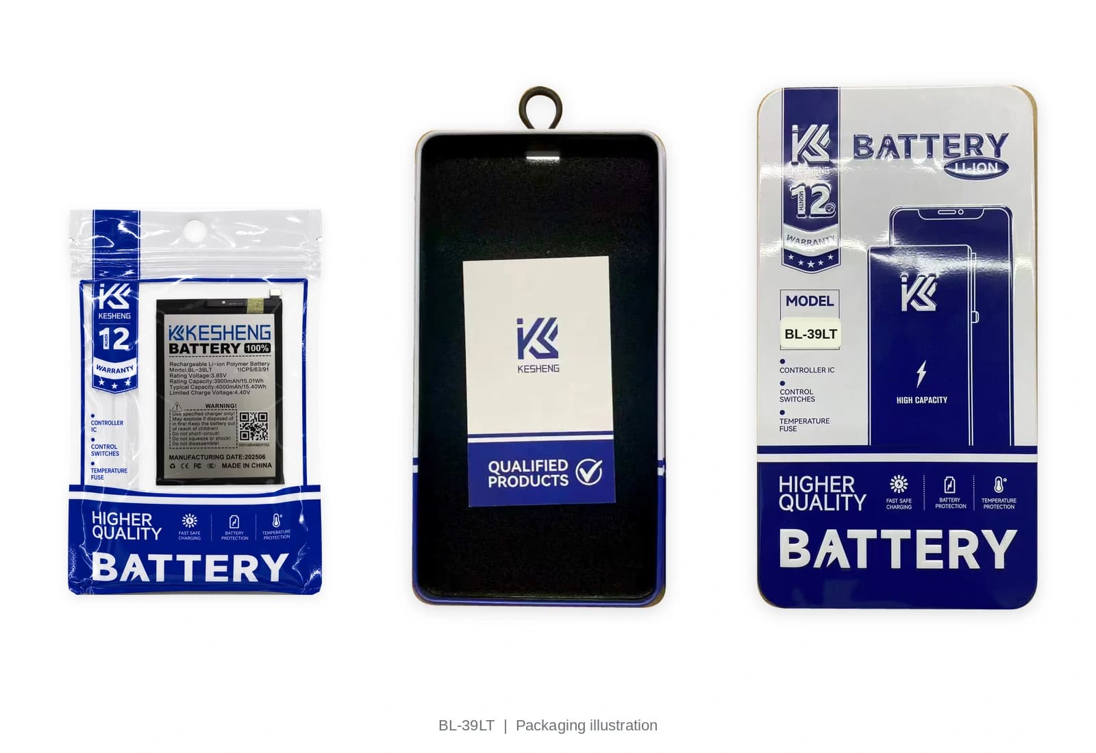 BL-39LT battery pouch, tin, lid and insert card; packaging illustration, not third-party certification