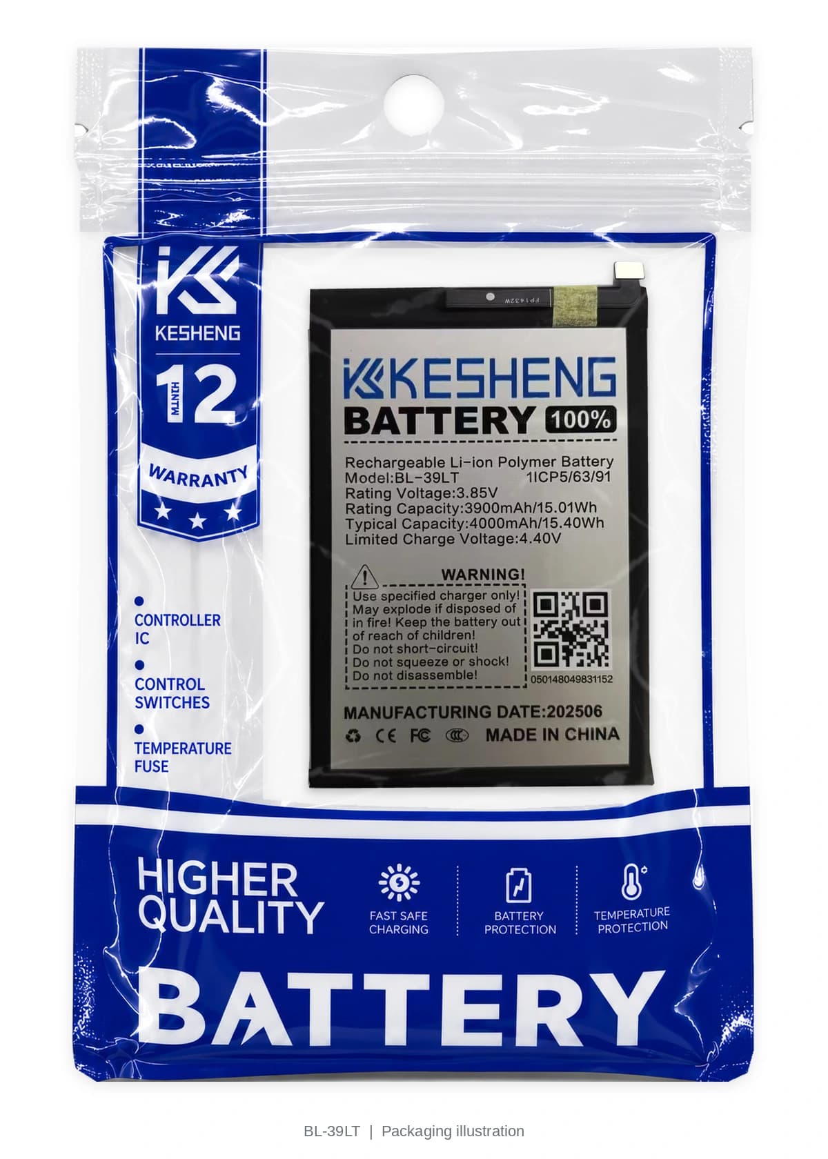 BL-39LT battery in a transparent KESHENG pouch; packaging illustration