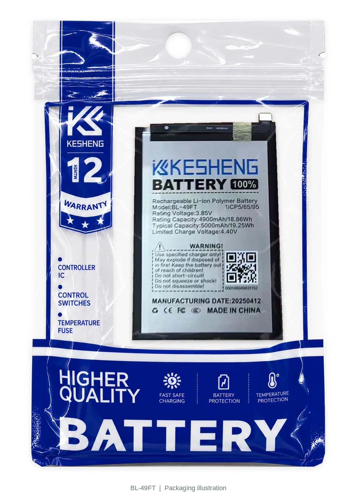 BL-49FT battery in a transparent KESHENG pouch; packaging illustration