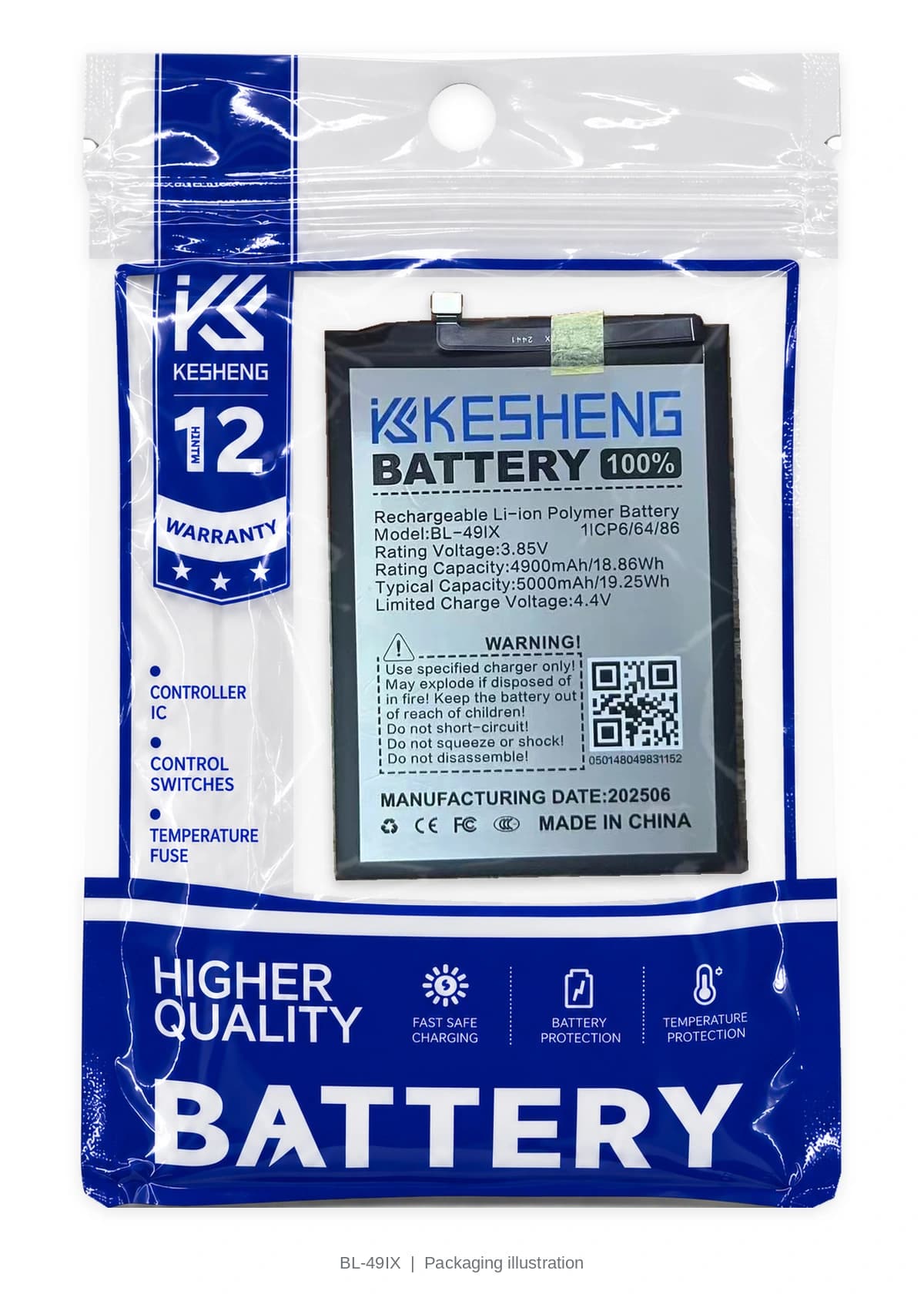 BL-49IX battery in a transparent KESHENG pouch; packaging illustration