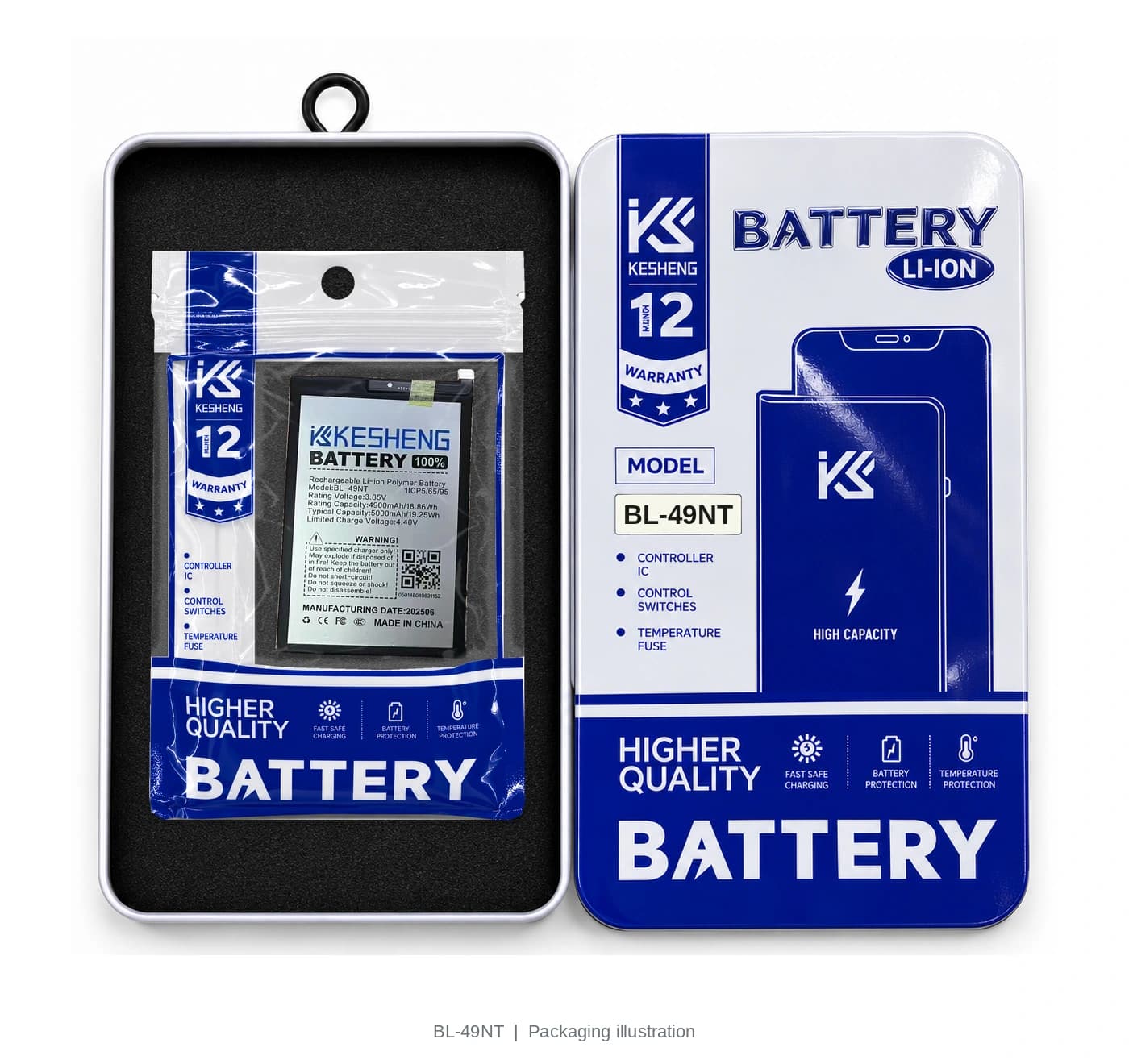BL-49NT battery in an open KESHENG package beside its lid; packaging illustration