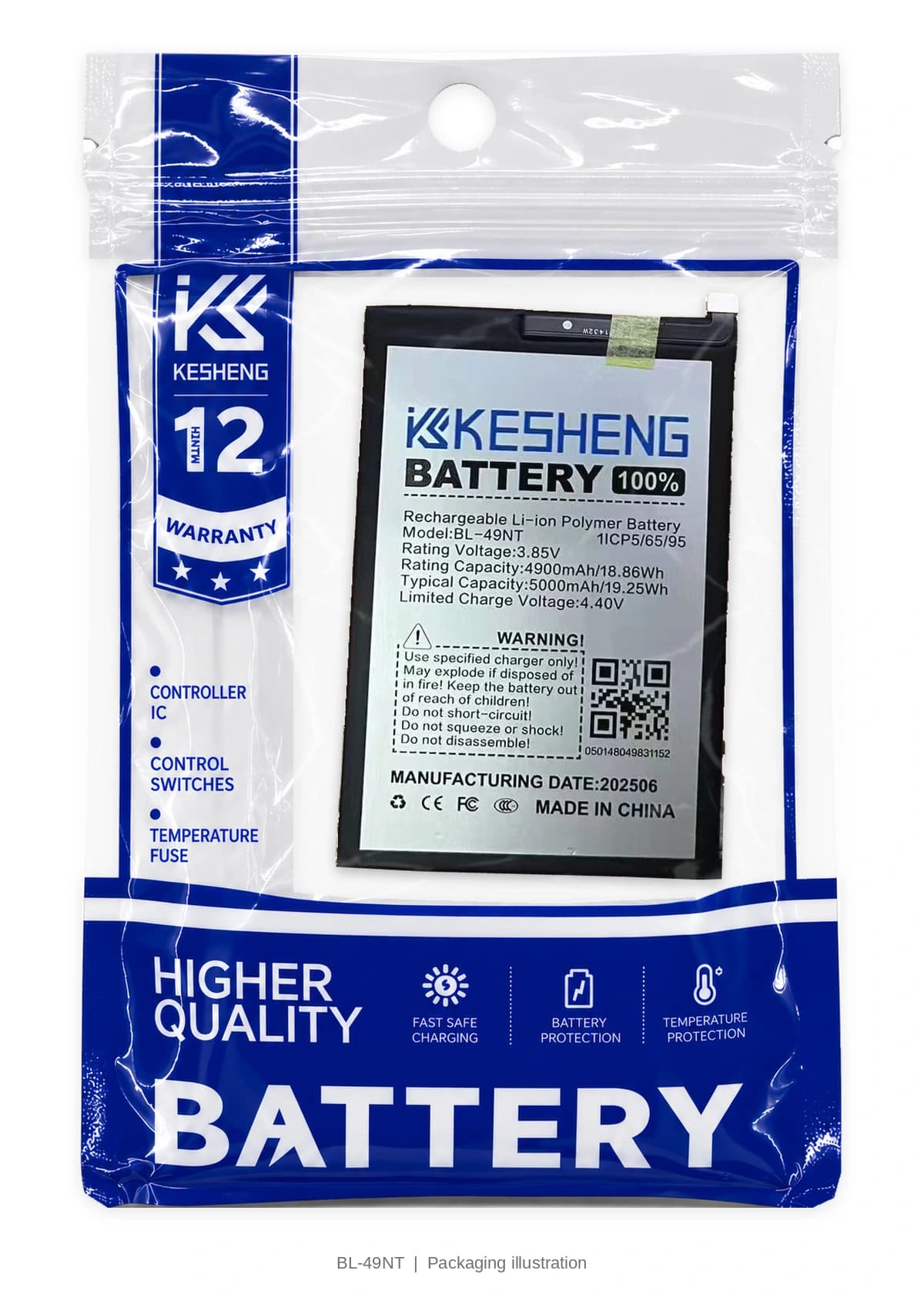 BL-49NT battery in a transparent KESHENG pouch; packaging illustration