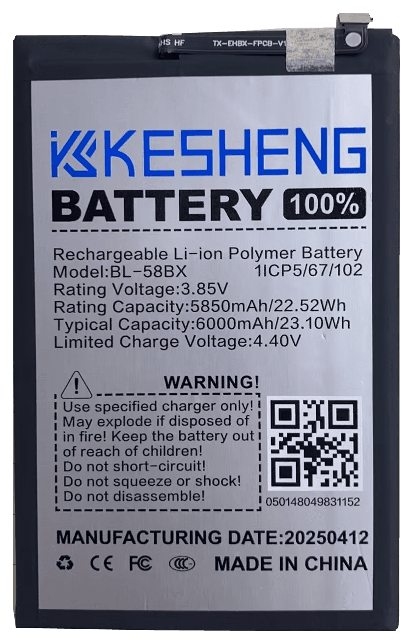 BL-58BX battery, source photograph with transparent background; original printed label, connector and tape retained.