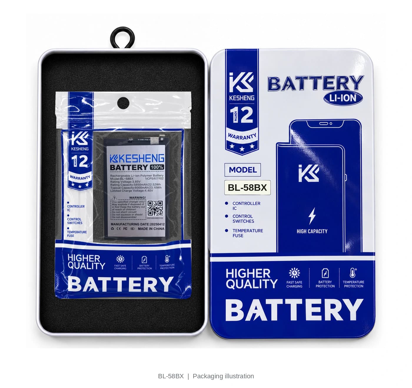 BL-58BX battery in an open KESHENG package beside its lid; packaging illustration