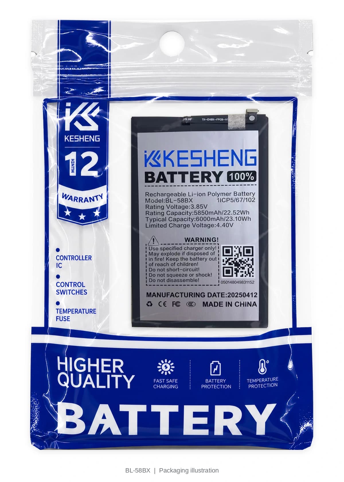 BL-58BX battery in a transparent KESHENG pouch; packaging illustration