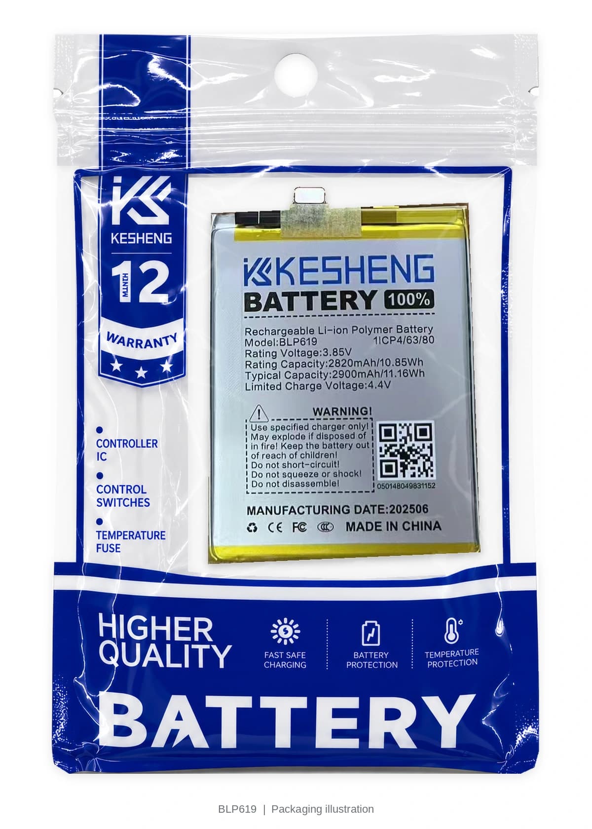 BLP619 battery in a transparent KESHENG pouch; packaging illustration