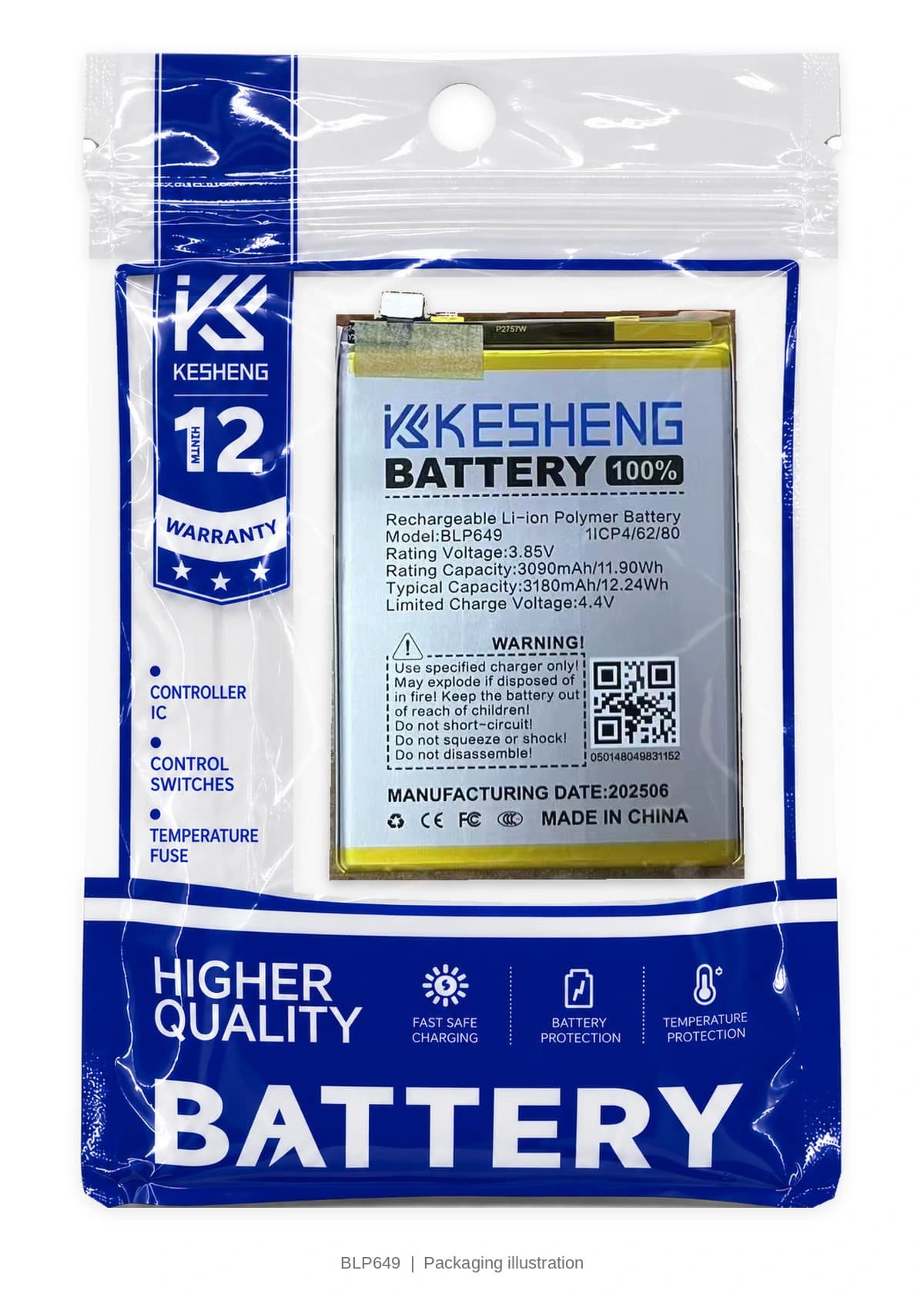 BLP649 battery in a transparent KESHENG pouch; packaging illustration